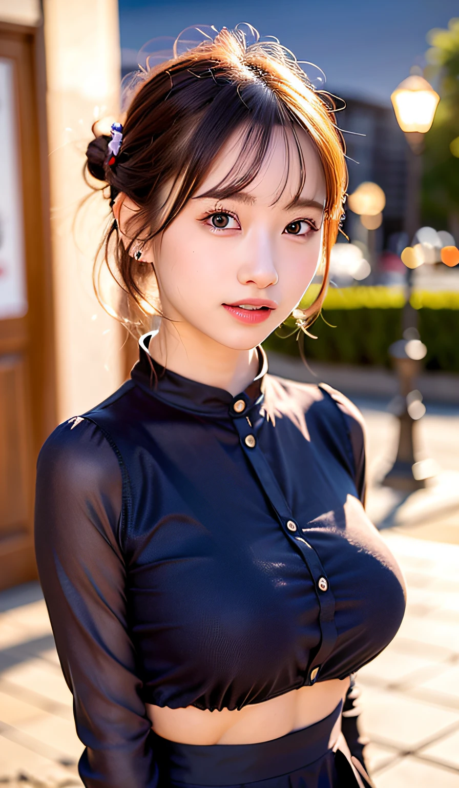 (8k, RAW photo, best quality, masterpiece:1.2), (realistic, photo-realistic:1.37), ultra-detailed,
1 girl,cute, solo,beautiful detailed sky,detailed cafe,night,sitting,dating,(nose blush),(smile:1.1),(closed mouth),large breasts, seductive smile, large aparture, professional lighting, Sony A7R4, Zessie 50mm F1.8,
medium breasts,beautiful detailed eyes,(collared shirt:1.1), bowtie,pleated skirt,(short hair:1.2),floating hair