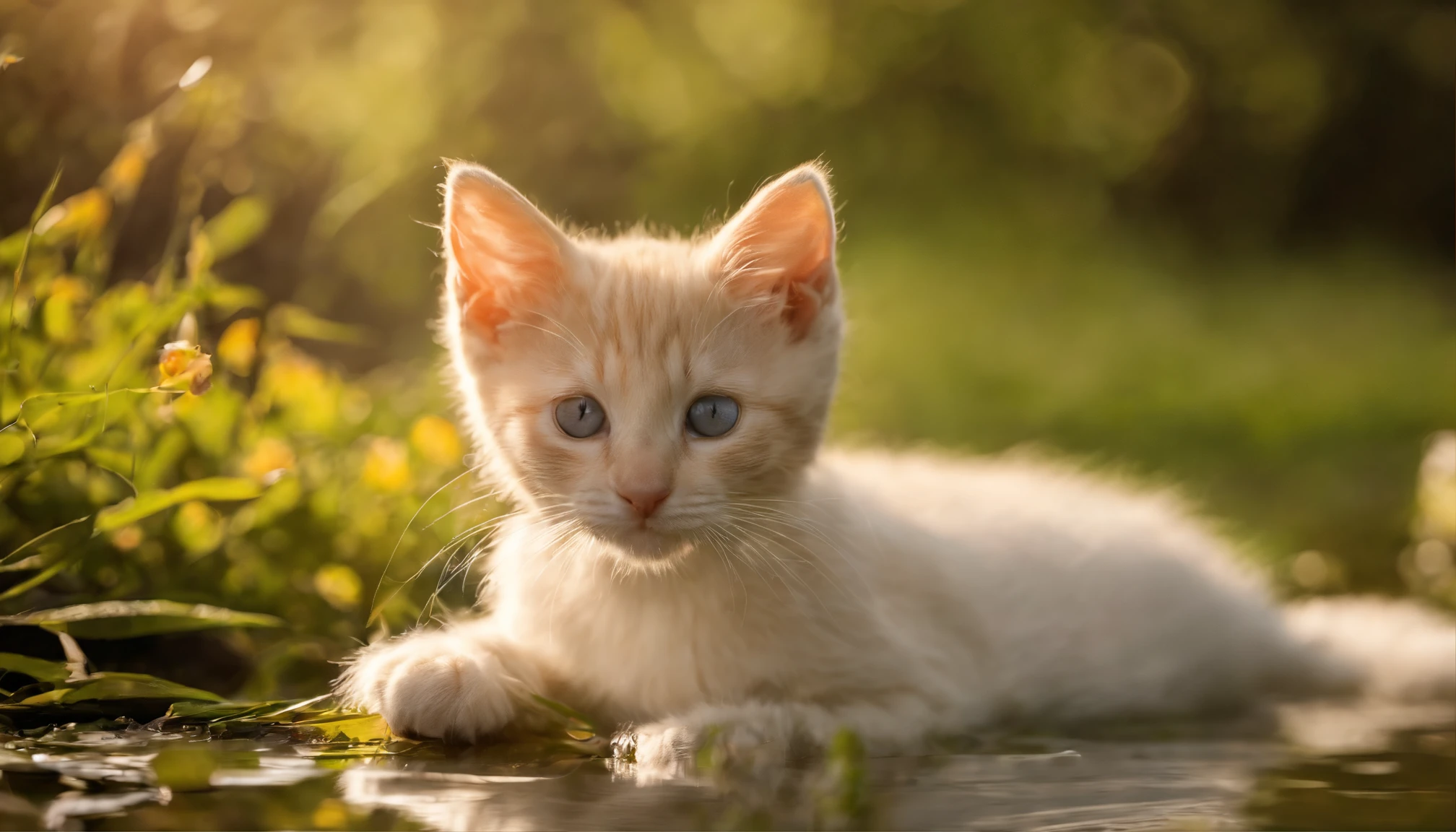 A 13-year-old girl，By the lake in the forest，Kittens by your side，flower  sea，having picnic，There are vegetables，the fruits，pizza，Extreme light and shadow，Extreme light chasing，Extreme ambient light，Ultimate lake reflection，heal，bright sun，
（and its complex eyeballs）（Delicate facial features1.3）