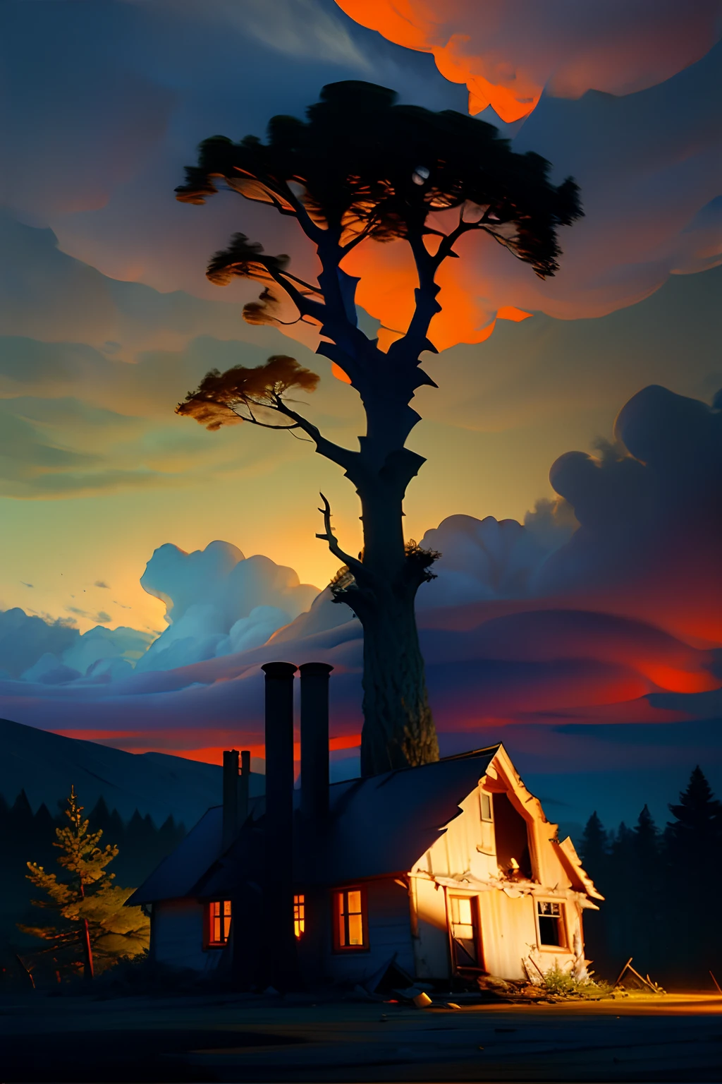 A painting of a broken down house, destroyed by tornado, autumn trees, dark evening light, eerie dark sky.
