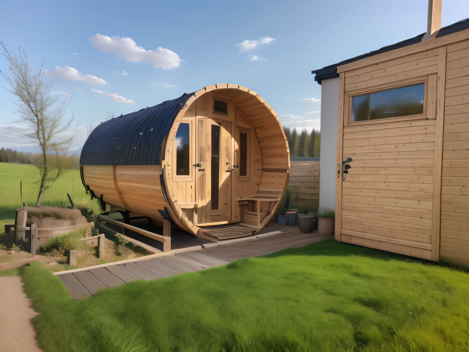 There is a wooden barrel in the grass next to a building, A painfully beautiful, sauna, im Freien, eine weite, volle Aufnahme, Heilende Schoten, 3/4 Ansicht, 3 / 4 Ansicht, Szenische Vollaufnahme, Detaillierte Weitwinkelaufnahme, Glamping, full length shot, Pods, Ein atemberaubendes Meisterwerk, ( Visuell beeindruckend, Full motif in the photo