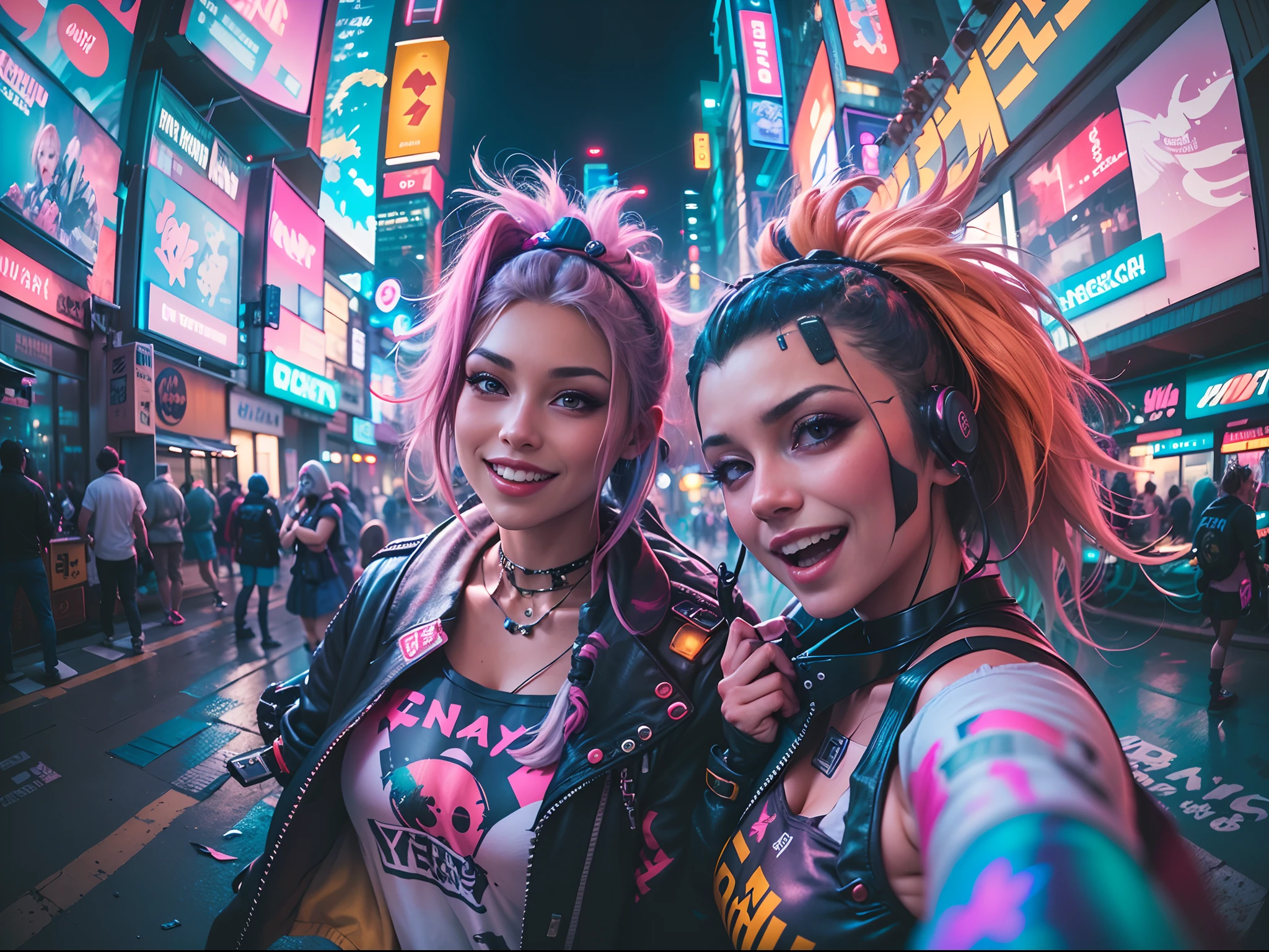 ((2 cyberpunk girls wearing colorful Harajuku style pop outfit)), (((fisheye lens))), cowboy shot, wind, messy hair, cyberpunk 2077 cityscape, (cyberpunk aesthetics and atmosphere:1.2), bright colors, smiling, ((cinematic lighting))