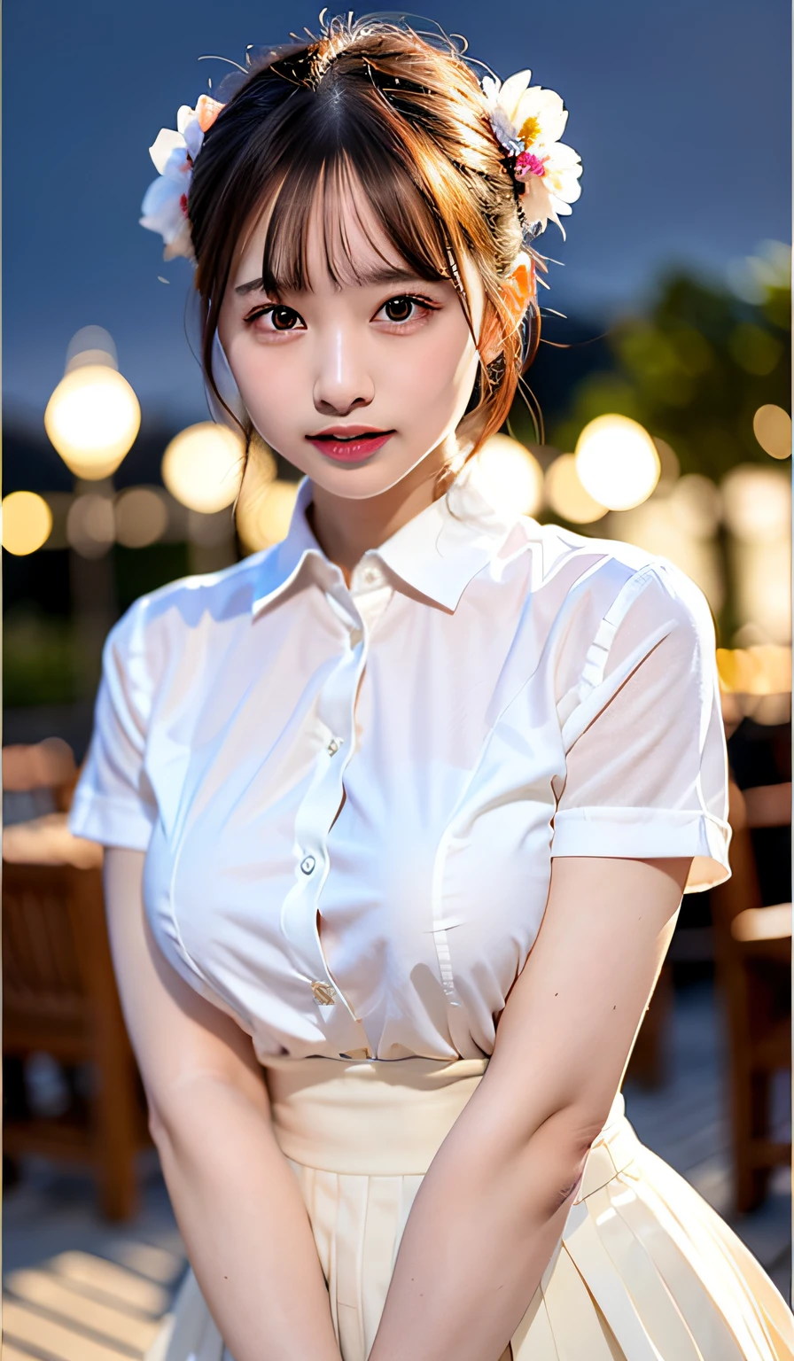 (8k, RAW photo, best quality, masterpiece:1.2), (realistic, photo-realistic:1.37), ultra-detailed,
1 girl,cute, solo,beautiful detailed sky,detailed cafe,night,sitting,dating,(nose blush),(smile:1.1),(closed mouth),large breasts, seductive smile, large aparture, professional lighting, Sony A7R4, Zessie 50mm F1.8,
medium breasts,beautiful detailed eyes,(collared shirt:1.1), bowtie,pleated skirt,(short hair:1.2),floating hair