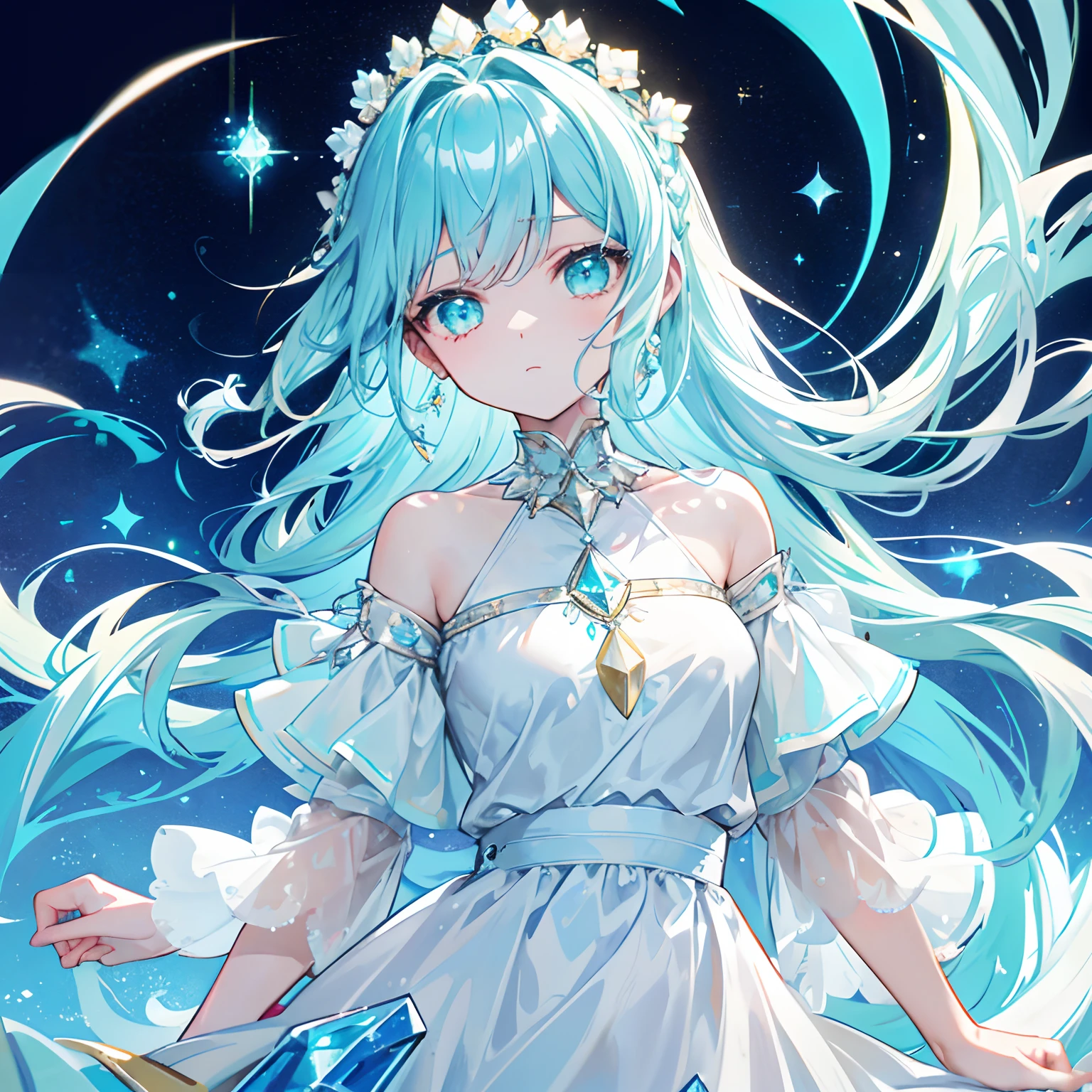 With braids,A shiny one, Moist and crystal clear face,It has a lovely feel,Light cyan and light yellow color scheme,Wear an off-the-shoulder T-shirt in a simple solid color,Around his neck hangs a crystal clear silver necklace