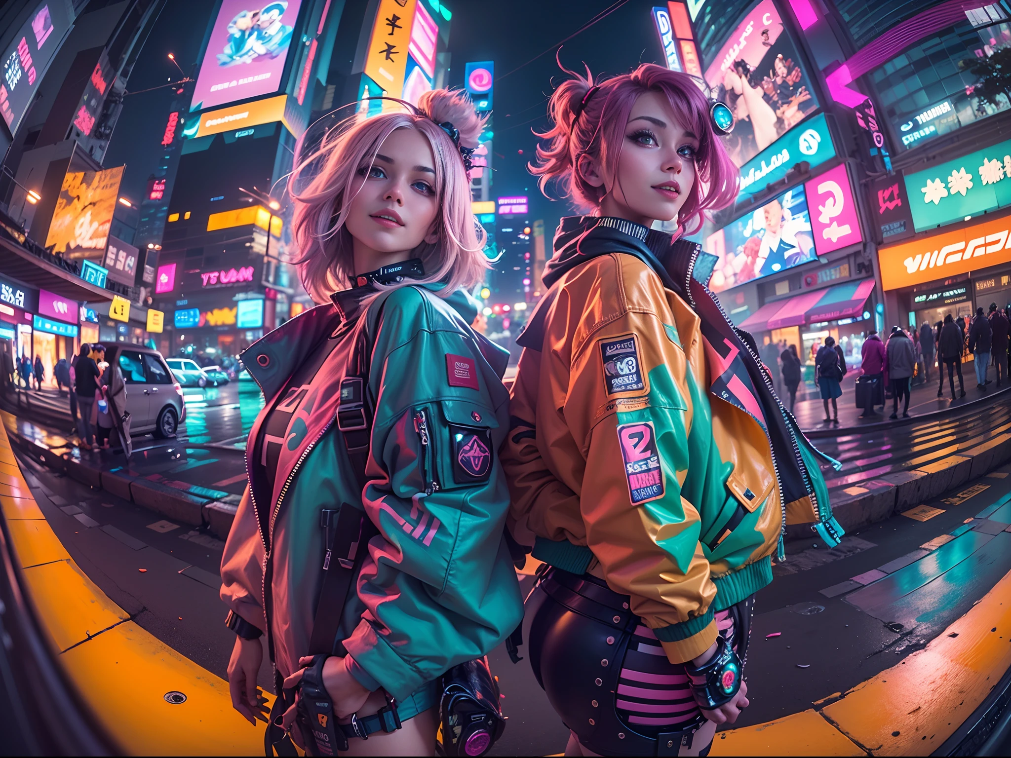 ((2 cyberpunk girls wearing colorful Harajuku style pop outfit)), (((fisheye lens))), cowboy shot, wind, messy hair, cyberpunk 2077 cityscape, (cyberpunk aesthetics and atmosphere:1.2), bright colors, smiling, ((cinematic lighting))