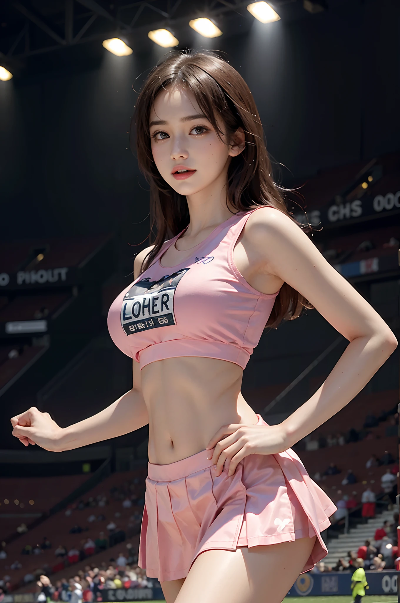 (A hyper-realistic), (illustratio), (hight resolution), (8K), (ighly detailed), (The best illustrations), (beatiful detailed eyes), (top-quality), (ultra-detailliert), (masterpiece), (detailed face), droopy eyes,full of sweat, full body, long legs, long-hair,inner colored,solo, pink cheerleader uniform, huge tits, smile, football field, short skirt, sports bra