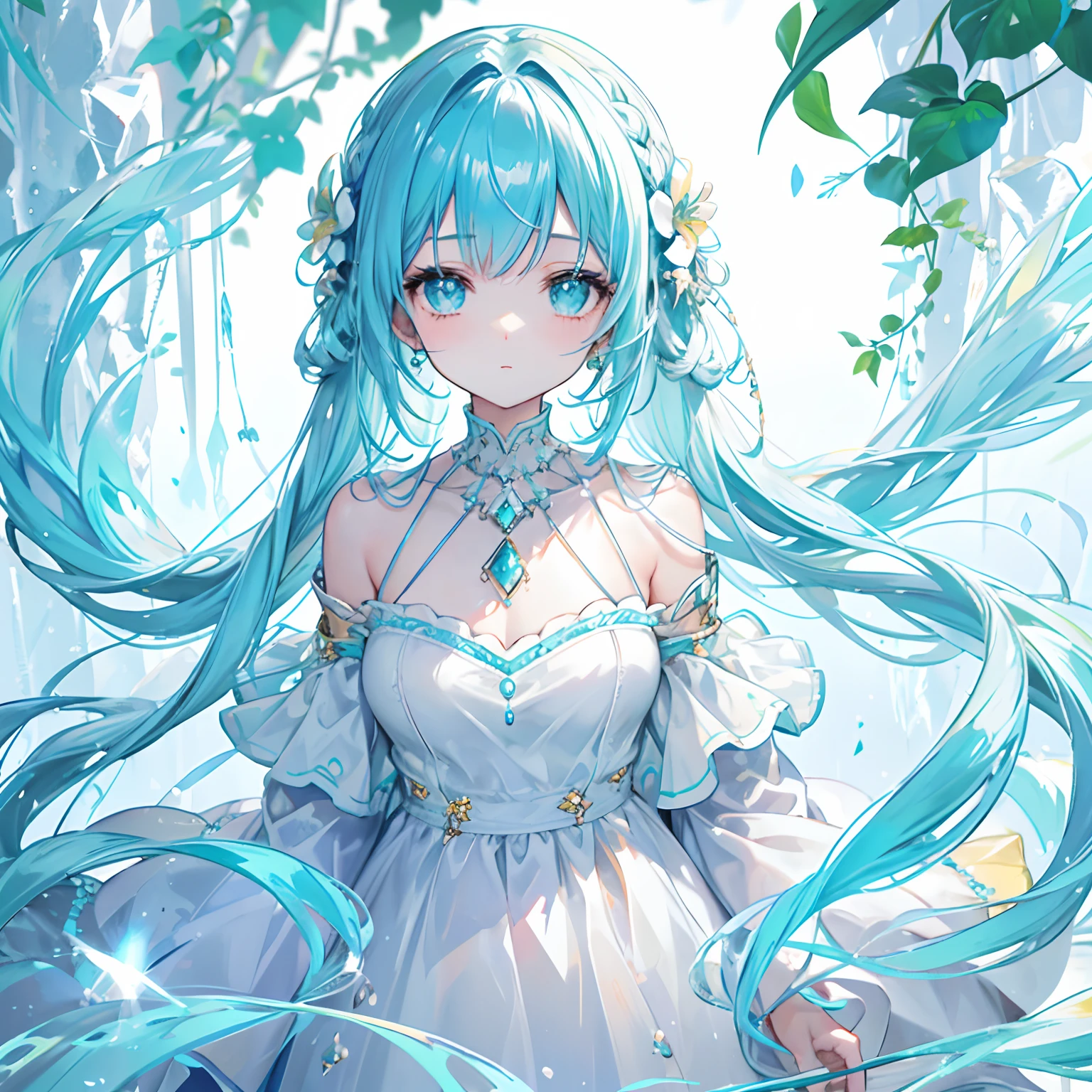 With braids,A shiny one, Moist and crystal clear face,It has a lovely feel,Light cyan and light yellow color scheme,Wear an off-the-shoulder T-shirt in a simple solid color,Around his neck hangs a crystal clear silver necklace