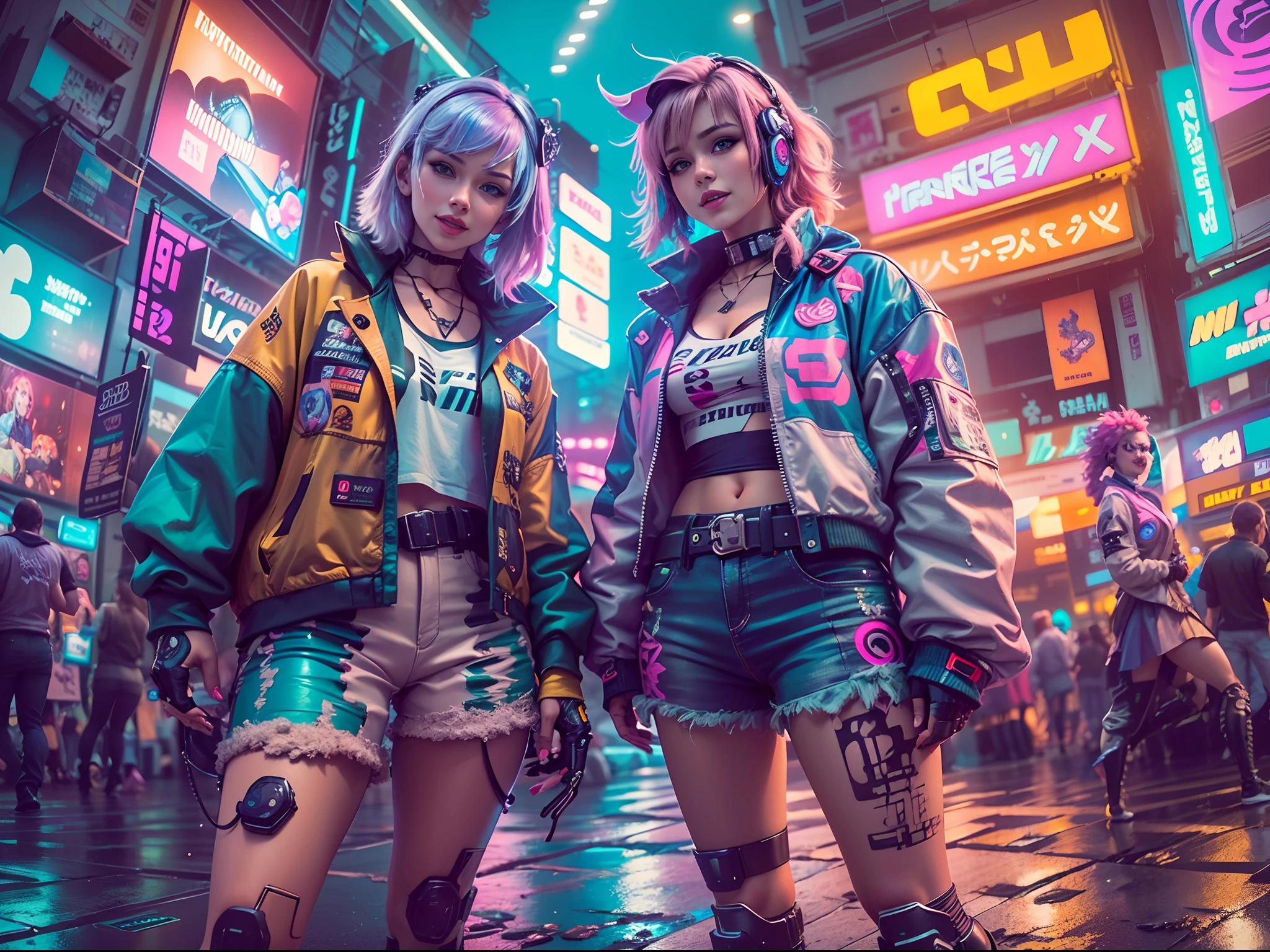 ((2 cyberpunk girls wearing colorful Harajuku style pop outfit)), (((fisheye lens))), cowboy shot, wind, messy hair, cyberpunk 2077 cityscape, (cyberpunk aesthetics and atmosphere:1.2), bright colors, smiling, ((cinematic lighting))