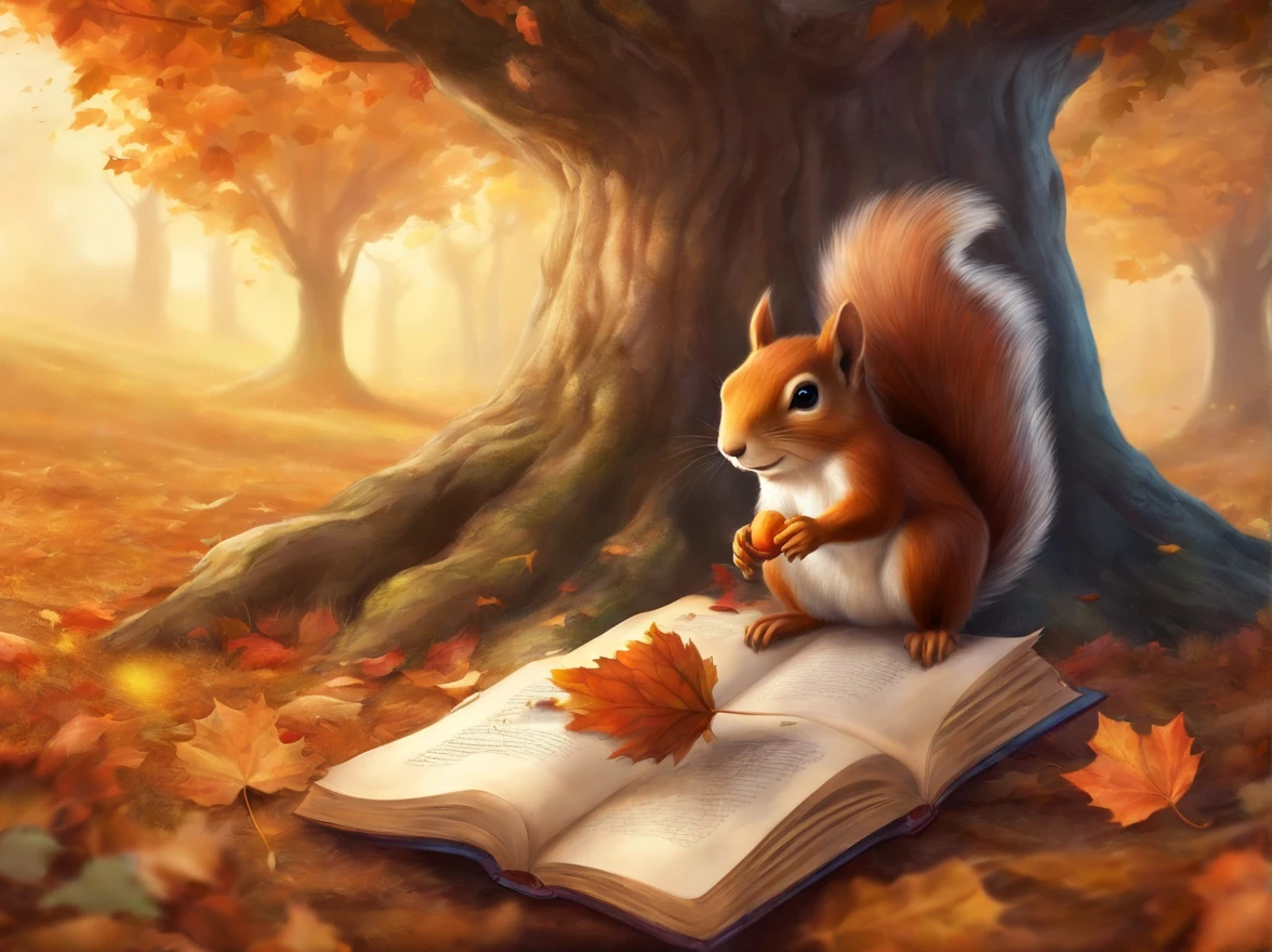 (8K, 16 K, awardwinning, of the highest quality, High resolution, super detailed, Textured skin, Anatomically correct, Photorealistic, Raw photo, masutepiece: 1.3), (1 girl), Squirrel and girl, (Big girl sitting on the ground under a tree and closing her eyes: 1.3), aerial view from above, The book is open, There are acorns on top of the book, (Squirrel holding an acorn in his hand: 1.2), Trees with autumn leaves, idyllic scenery, Healing, Autumn, leaves falling, leaning against a tree, Detailed fingers, Detailed legs, Detailed face,