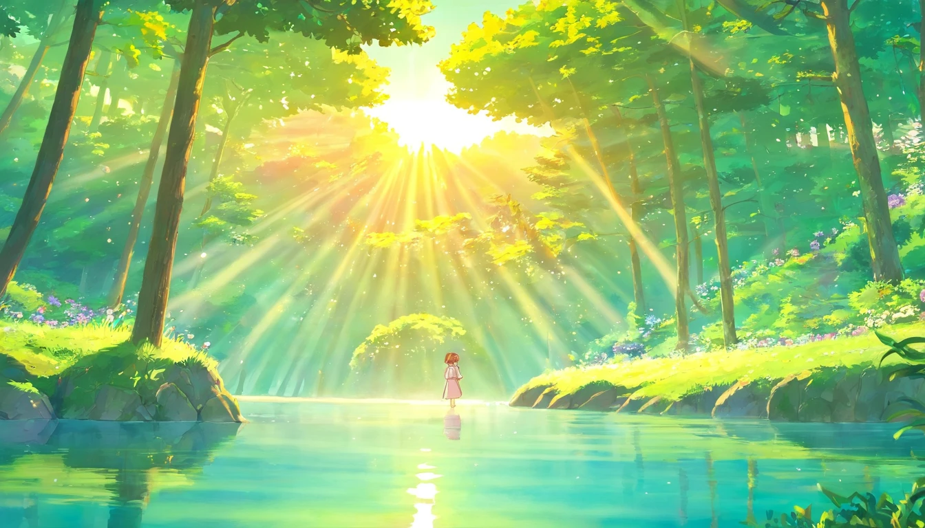 A 13-year-old girl，By the lake in the forest，Kittens are by your side，flower  sea，having picnic，There are vegetables，the fruits，pizza，Extreme light and shadow，Aurora chase，Extreme ambient light，The ultimate lake reflection，heal，bright sun