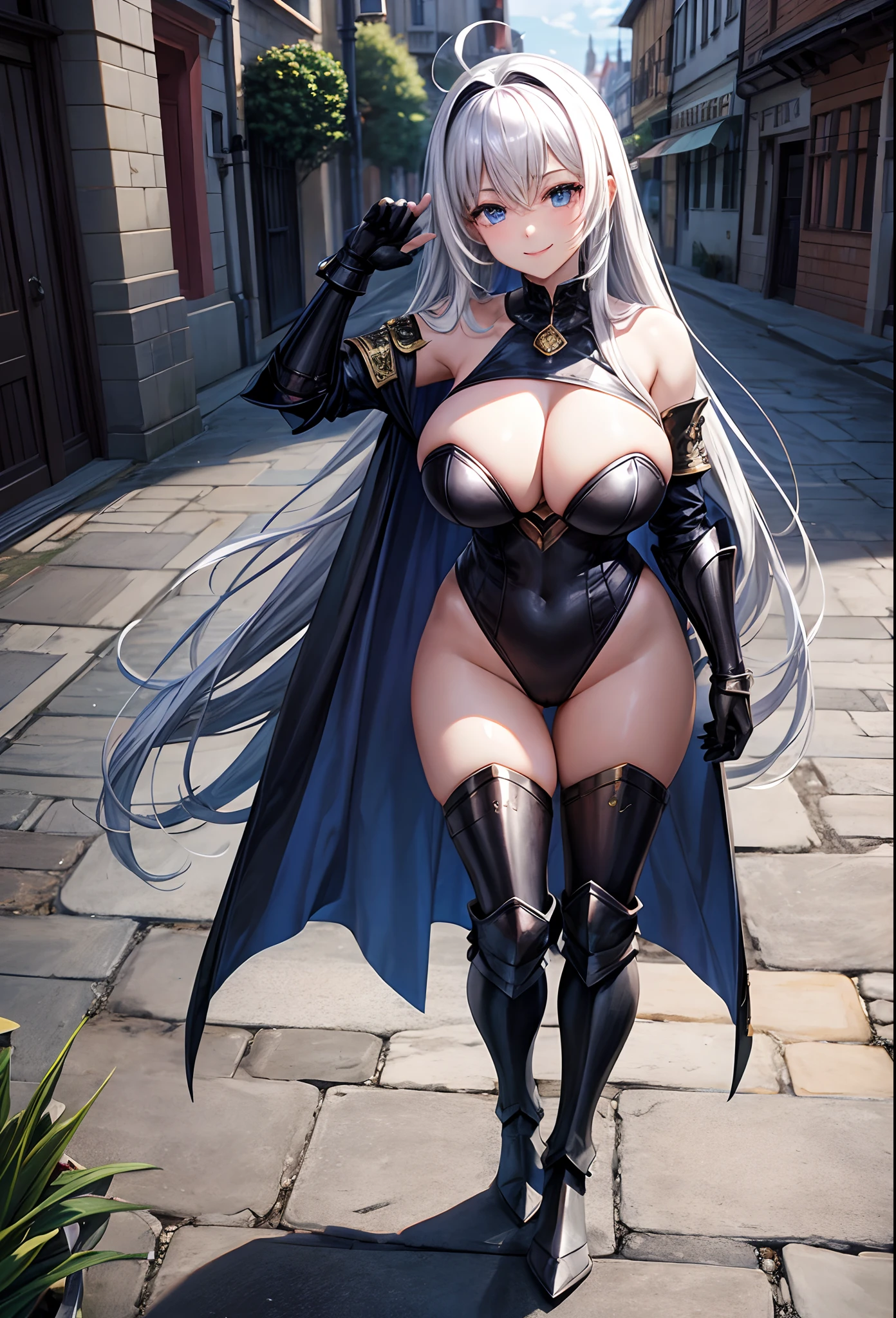 Woman knight、a beauty girl、huge tit、Excellent style、Nice Buddy、glamorous、Black leotard、s Armor、Bra chest armor、knee boots、greave、gauntlets、hair adornments、silber hair、Longhaire、Ahoge、Medieval city、is standing、full body seen、outside of house、Night view、a smile、1Person-person perspective