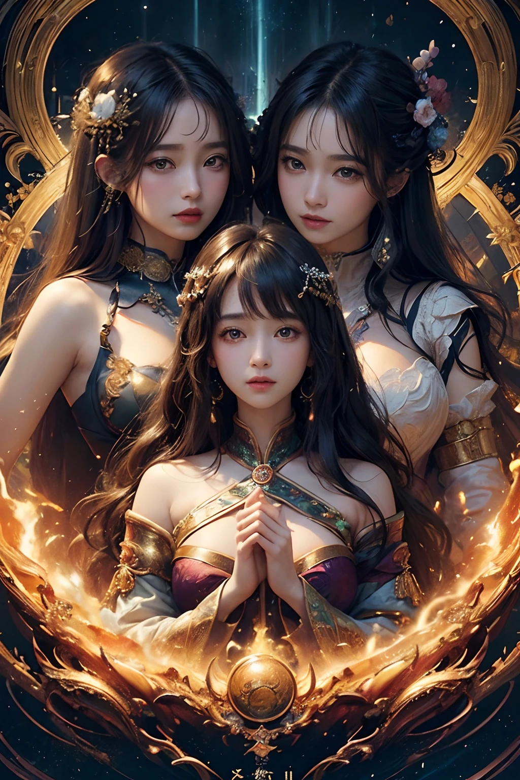 (masterpiece、top-quality、top-quality、Official art、Beautifully Aesthetic:1.2))、ighly detailed、(Fractal Art:1.3)、colourfull、highestdetailed Three Women The Three Priestesses Soft smile breasts are large Soft expression brack Hair Wave Japanese dress Komono large boob A dark-haired goddes