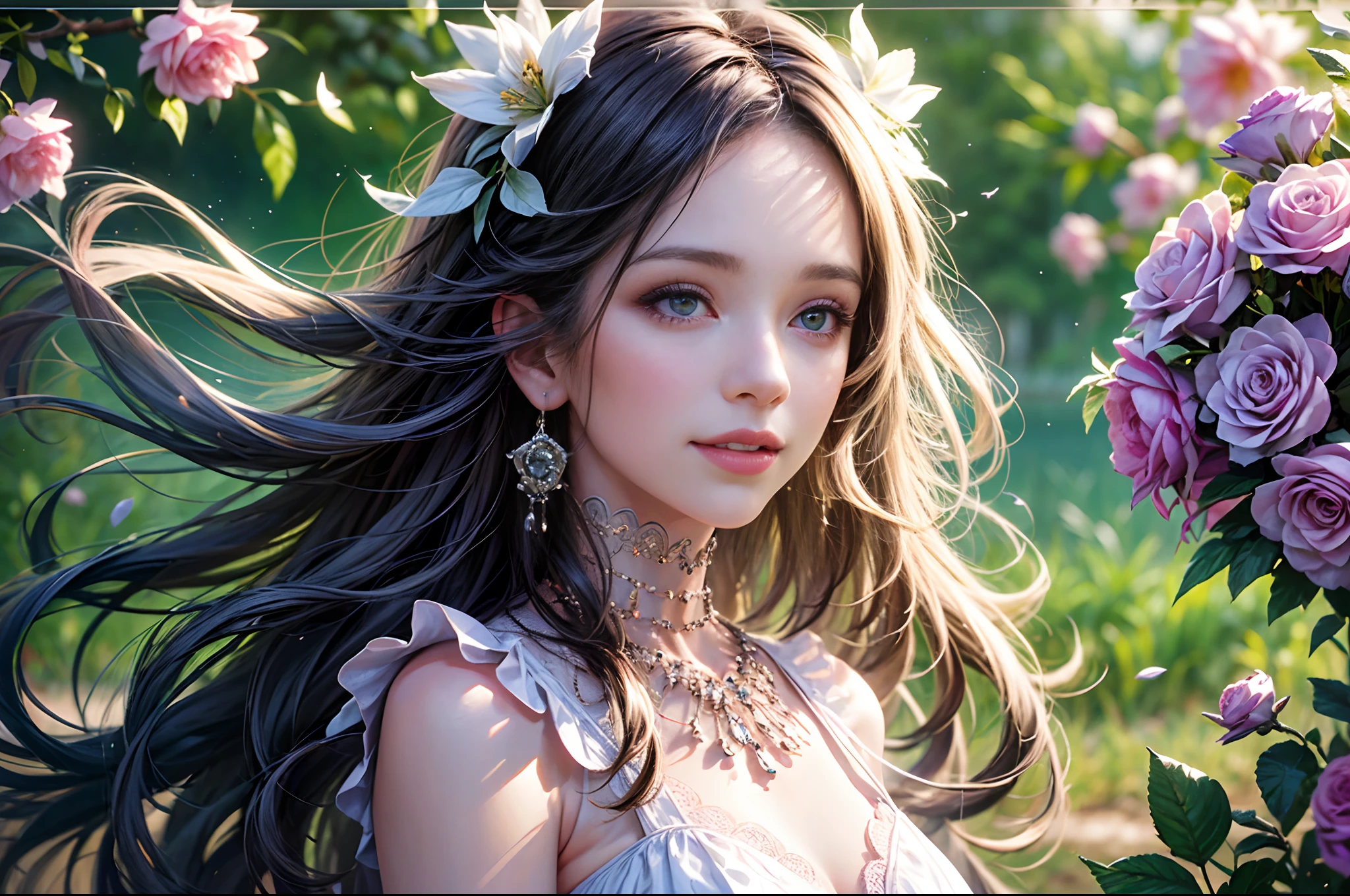 A girl in a garden,beautiful detailed eyes,beautiful detailed lips,extremely detailed eyes and face,longeyelashes,3D rendering,ultra-detailed,highres,photorealistic,professional,vivid colors,portraits,HDR,studio lighting,lush green scenery,soft sunlight streaming through the trees,floral dress with frills and lace,joyful expression,carefree posture,curly hair flowing in the wind,smiling face,rosy cheeks,delicate flower bouquet in her hand,whispering butterflies resting on her shoulders,colorful birds chirping in the background,sparkling water fountain,fragrant blossoms filling the air