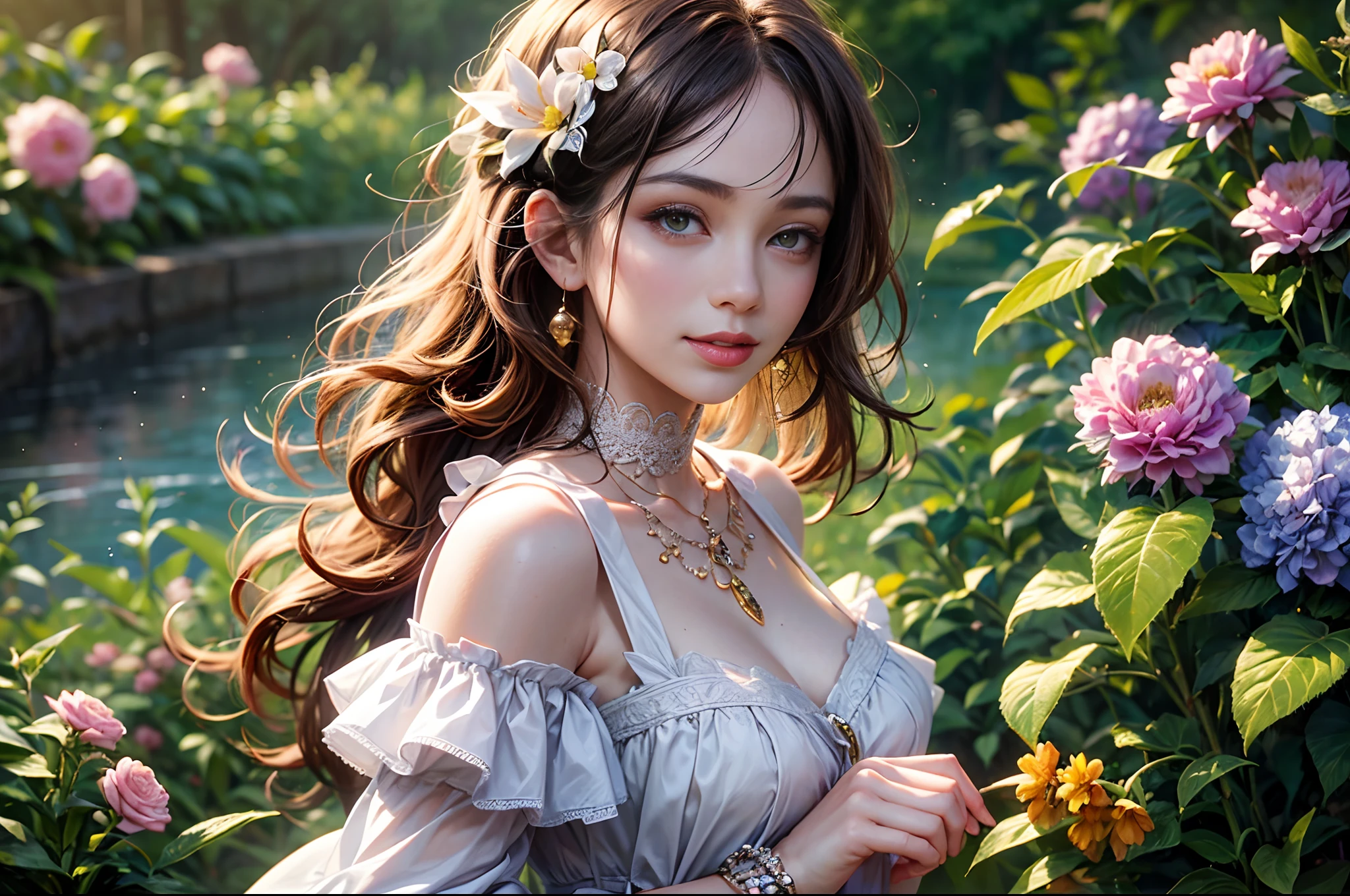In a field with blooming flowers，girl with gentle smile, Wearing a white off-the-shoulder dress, Her skin shines in the warm sunlight. The scene was captured using raw photos of the best quality and high resolution, carefully edited，Create a masterpiece. Photorealistic renderings highlight the vibrant colors of the flowers and the softness of the girl&#39;s skin. The work is created using oil painting techniques, Add depth and richness to your composition. The surrounding landscape is filled with lush green grass and trees, Creates a peaceful and peaceful atmosphere. The girl&#39;s eyes sparkle with joy, Her lips curved gently into a peaceful smile. The sun casts a warm golden light on her face, Enhance her beauty. Flower colors range from vibrant pinks and purples to soft pastel shades, Create harmonious and visually pleasing compositions. Lighting is soft and diffuse, Create a dreamy and ethereal atmosphere. The girl stands in the middle of the field, Arms raised slightly, As if she is embracing the beauty of nature. The composition is carefully balanced, Girl&#39;s position is off center, Create a sense of movement and vitality. The details of the flowers are extremely intricate, Each petal and leaf is meticulously rendered. The girl&#39;s skirt flows elegantly around her, Add elegance and femininity to the scene. All-encompassing, The artwork evokes a feeling of joy, peacful, and appreciation of the beauty of nature..