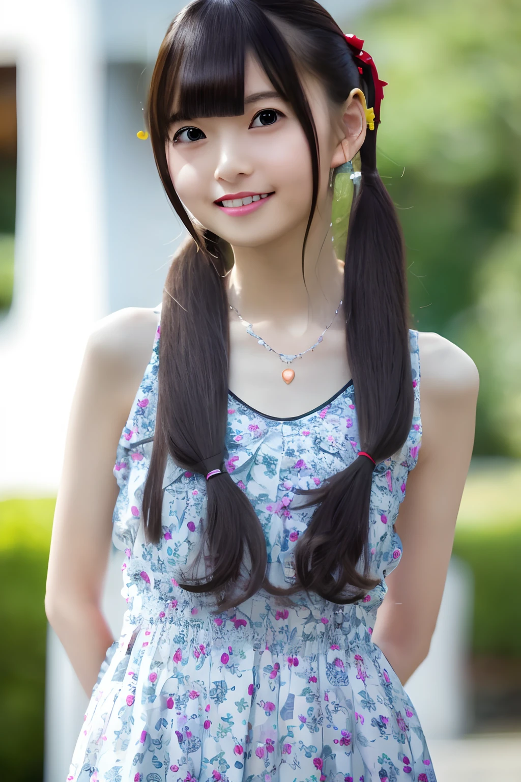 (4k, best quality, highres:1.1), (realistic, photo-realistic:1), a flat chest cute girl, Asuka, (cute:1.8), cuties, solo, (flat chest:1.2), detailed black eyes, innocent eyes, cheek blush , random clothes,
masterpiece, beautiful lighting,cinema lights,film grain,jewelry, heart-shaped necklace, earrings, bangs, cherry lips, hair ribbon, ribbon, bow, hair bow, twintails, looking at viewer, long hair, upper body, parted lips, upper teeth, (smile eyes:0.6),
depth of field, blurry background, eye focus, bokeh, 85mm lens, F/1.4 , professional lighting, photon mapping, radiosity, physically-based rendering,High Detail, masterpiece,