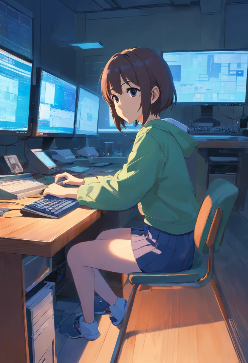 girl,In front of the girl there is a computer,She's working