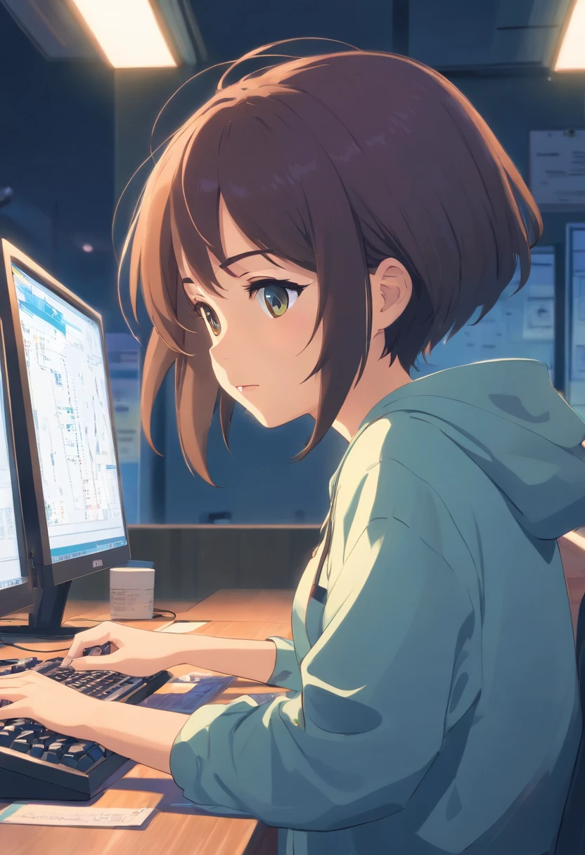 girl,In front of the girl there is a computer,She's working