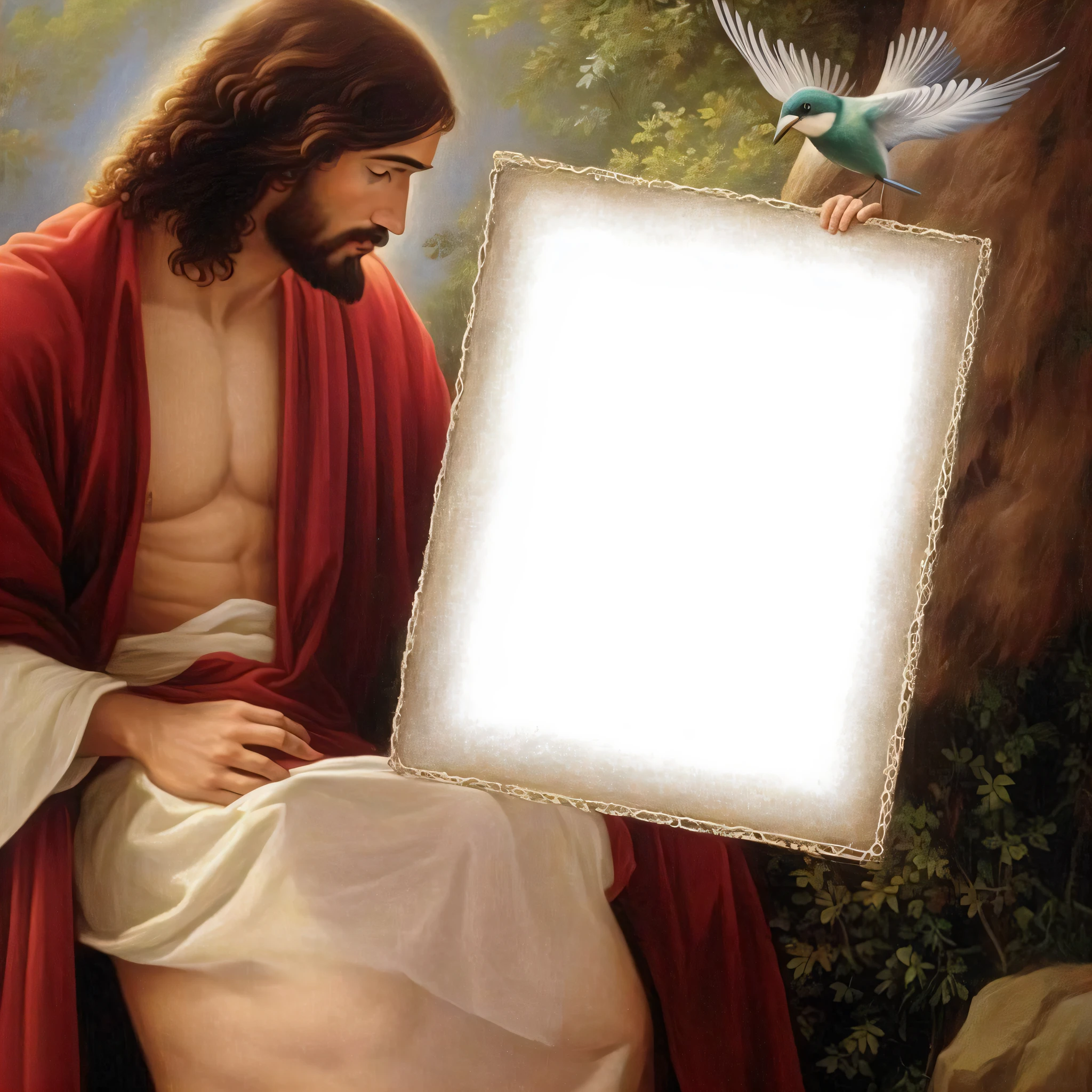 Jesus sitting on a rock with a blank sign and a bird, Jesus Cristo, Jesus, rosto de Jesus, Modelo de meme, beautiful image ever created, moldura ao redor da imagem, Jesus Gigachad, Greg Olsen, Christian art, jesus of nazareth, Deus olhando para mim, Quadro de borda branco, Retrato de Jesus Cristo, O Senhor e Salvador, Foto realista, foto muito bonita