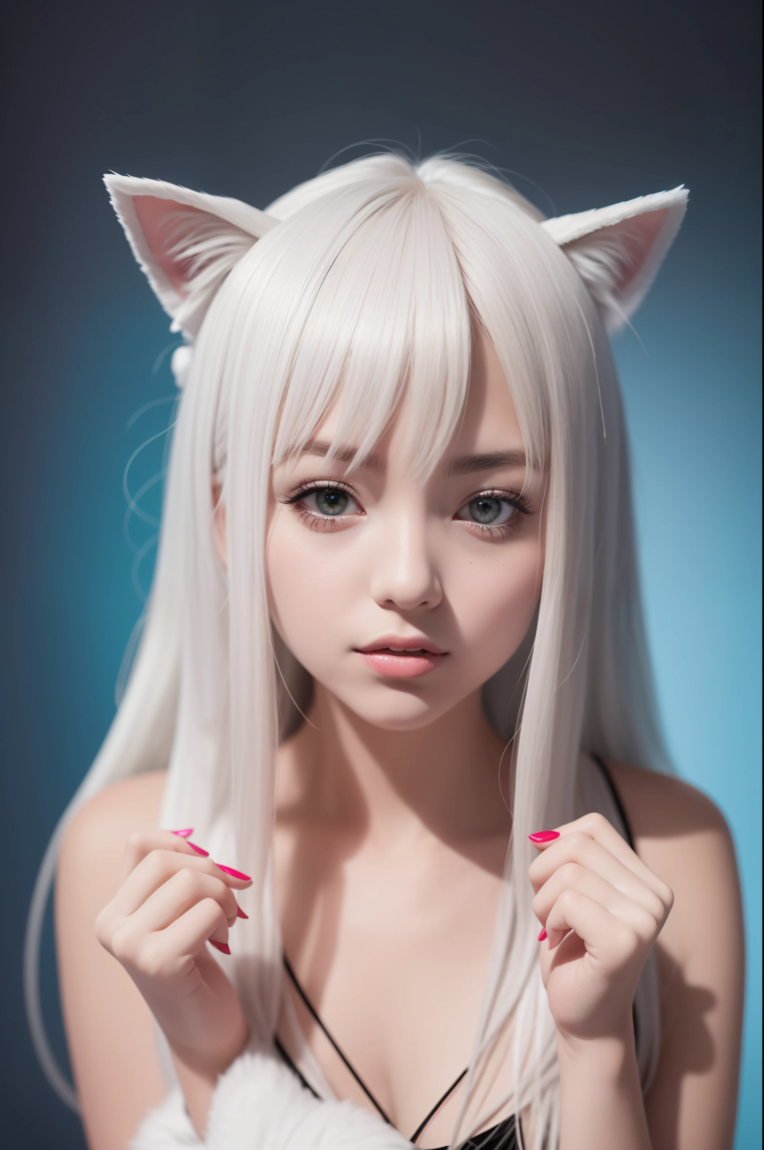 Anime girl with a pair of cat ears, There are soft white villi on the inside of the ear, Her eyes widened,inquisitive, She was happy to see me, Beautiful eyes, White hair, Pink eyes, good art, Good painting, Anime 2D, 2D, Cute, 2 hands and 5 fingers per hand, Beautiful hands, Well drawn, 4K, 8K,