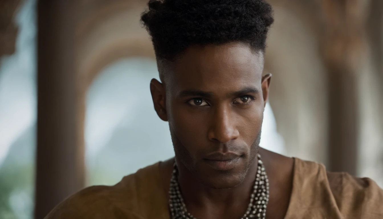 Homem de cabelos negros curto usando uma armadura leve olhos claros , esta usando um kama com corrente