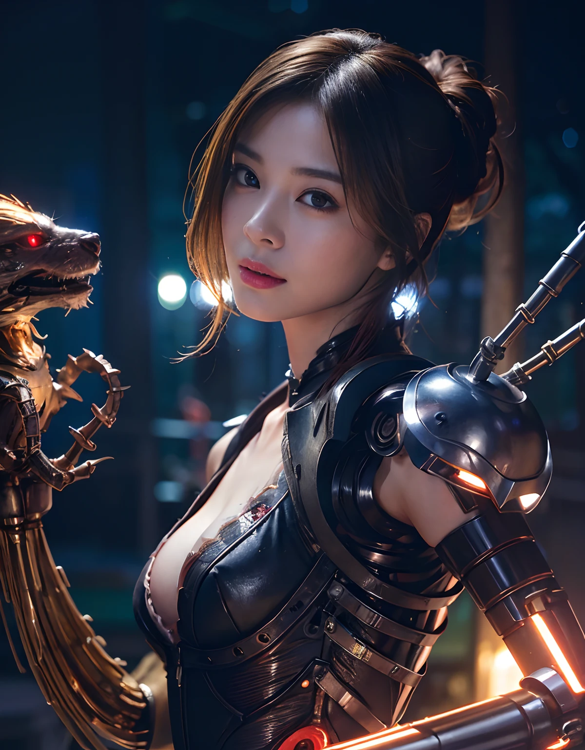 (1 Mechanical Girl)、top-quality、masterpiece、超A high resolution、(Photorealsitic:1.4)、Raw photo、1人、Golden hair、glowy skin、(((1 Mechanical Girl)))、With a beautiful knife、(Blue Metal Bodysuit)、(beautiful forest background)、(Fighting Demonic Beasts)、(Small LED)、((super realistic details))、portlate、globalillumination、Shadow、octan render、8K、ultrasharp、Colossal tits、Raw skin is exposed in cleavage、metals、Details of complex ornaments、Japan details、highly intricate detail、Realistic light、CGSoation Trends、Red Eyes、radiant eyes、Facing the camera、neon details、(Mechanical limbs)、(blood vessels connected to tubes)、Mechanical vertebrae attached to the back、mechanical cervical attaching to neck、(Wires and cables connecting to the head)、Gundam、Small LED、,Mechanical thighs、Toostock、(Hands are also made of machines)、