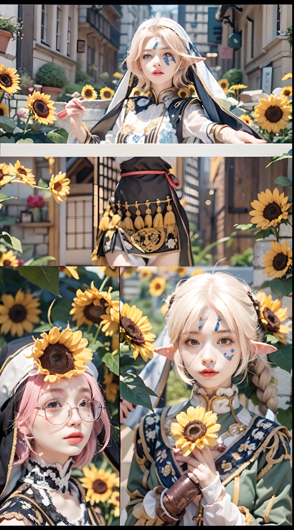 In a very grand scene,The extra-large wide-angle lens captures the appearance of a female centaur。She is a Sunflower Worship nun,Always opposed(Healing emoji smiley face of knitted sunflower puppet😊:99.99)DOA。She is tall,It has the ultimate curvy beauty,The muscles are slender and firm,Beautiful lines。She has(Super huge sky blue eyes:99.99)、always(Wearing sexy glasses:6.66)、(She wears solemn nun attire:9.9)、Stepping on a boot-style skyscraper-heel、A pink cross hangs on his chest。Use Midjourney's advanced tools,Designed for female centaurs(A knitted sunflower puppet and create a super healing cartoon smiley face in the center of the flower tray as a decoration:9.9),and noble and solemn nun costumes,and highlight her unique physiological characteristics and appearance details,Add realism。And in the context of her prayers and listening to confessions,Spectacular views of nature,Such as the sky where storms and sunny days alternate、Brilliant rivers of stars and auroras、The snow-capped summit of Mount Everest、Fireworks in the mountain town, etc。ao mesmo tempo,Away from the hustle and bustle next to the chapel,Create a fantastic scene。Use Midjourney's advanced tools and multiple color palettes、Brush Strokes、Texture tools and model packages,It shows a sense of atmosphere where beauty and charm coexist。The charm of the female centaur is highlighted through color and lines,Enhance realism with detailing,Create a surreal dreamy feeling。Additionally,Use Midjourney's tools to add various exorcism props and books to the female centaur、pergaminhos,Create intricate hairstyles and outfits,Give her a sense of premium。She never flinches,No matter what monster you encounter,can respond quickly,Even the most extreme armies of natural disasters and monsters could not stop her and her front(Sunflower with Tyndall effect that emits sunlight9.99)。Use Midjourney's powerful tools,You can do it with incredible detail and beauty,Bring this ultra-grand and beautiful scene to life。Ultra-grand sc