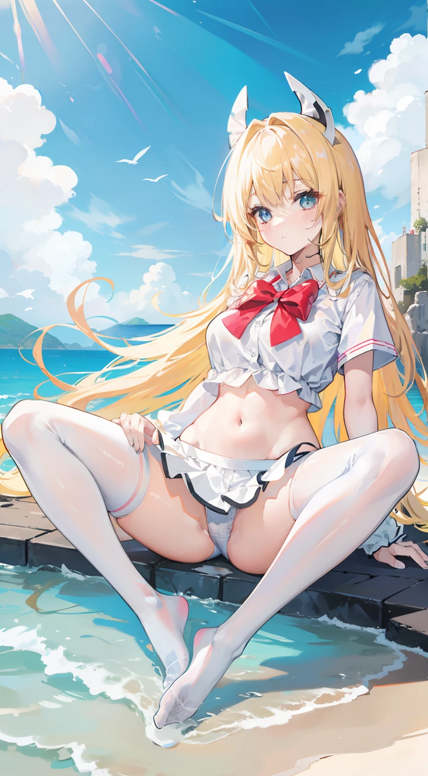 Masterpiece（（tmasterpiece）），（White color blouse），（（black micro skirt）），（White stockings），adolable，is shy，（Long yellow）Hair，red bowtie，long leges，（Have by the sea），（Facing the sea），Open navel，No shoes on，long leges，Spread your legs，Place your hands on your inner thighs，Be red in the face