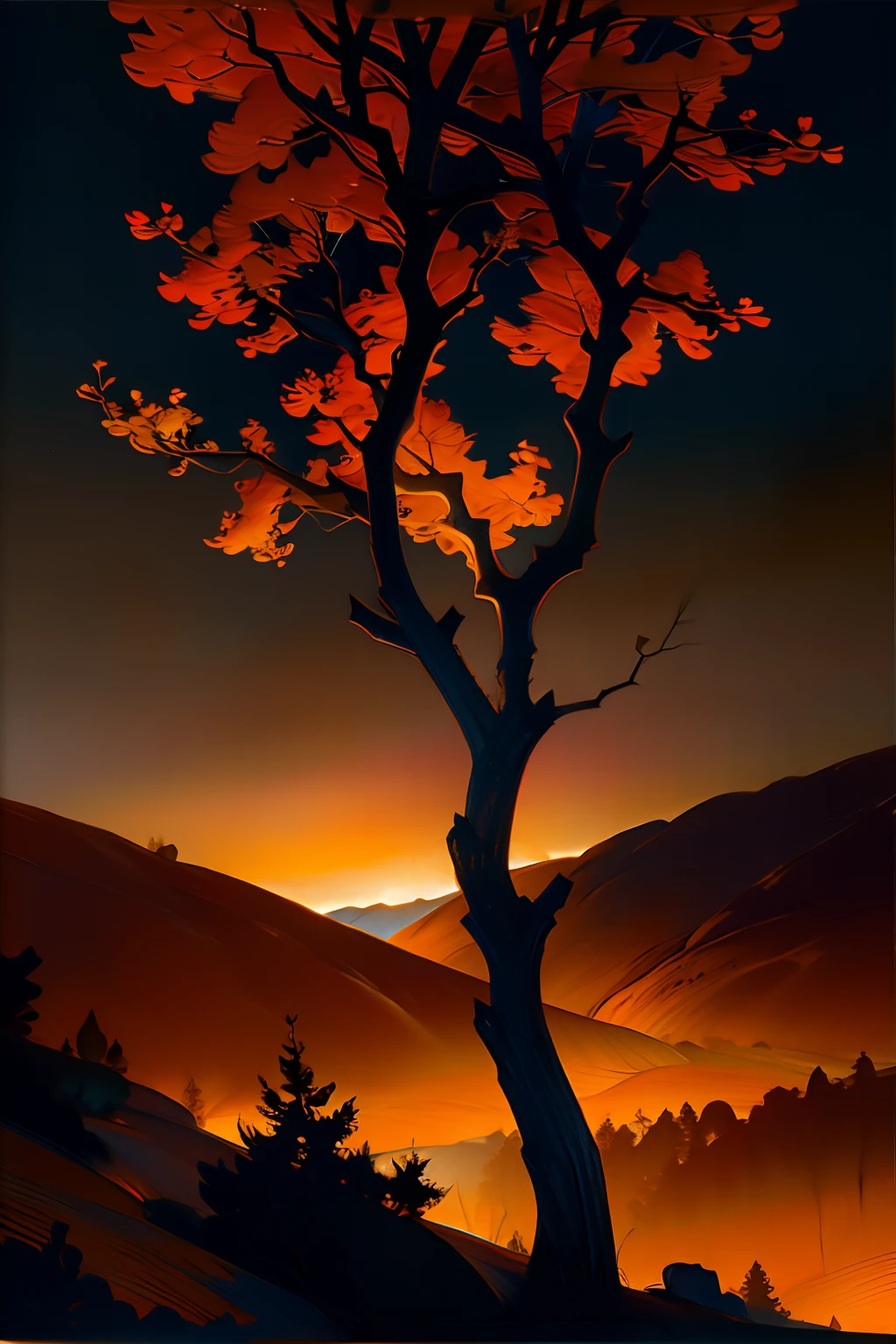 A painting of an autumn landscape, autumn trees and dead trees, dead leaves blowing, background is valley walls in distance, evening light, dark sky.