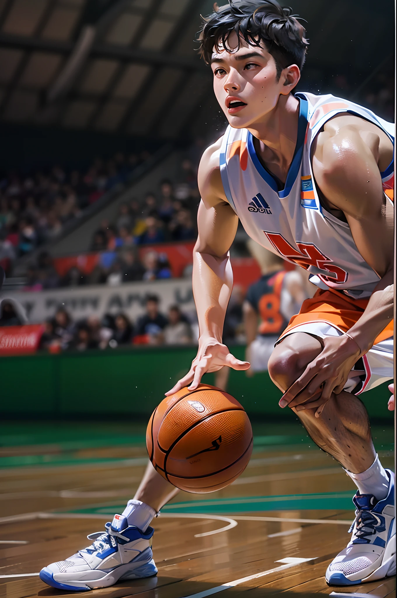 35mm camera lens,cool guy,athlete,basketball ball,detailedbackground,Asian Games,True skin texture,Smudge,Accurate facial features,dynamic blur,super-fine,ultra - detailed,high qulity,8K ,oc rendered,dynamic viewing angle,Hyper Real,Ultra photo realsisim