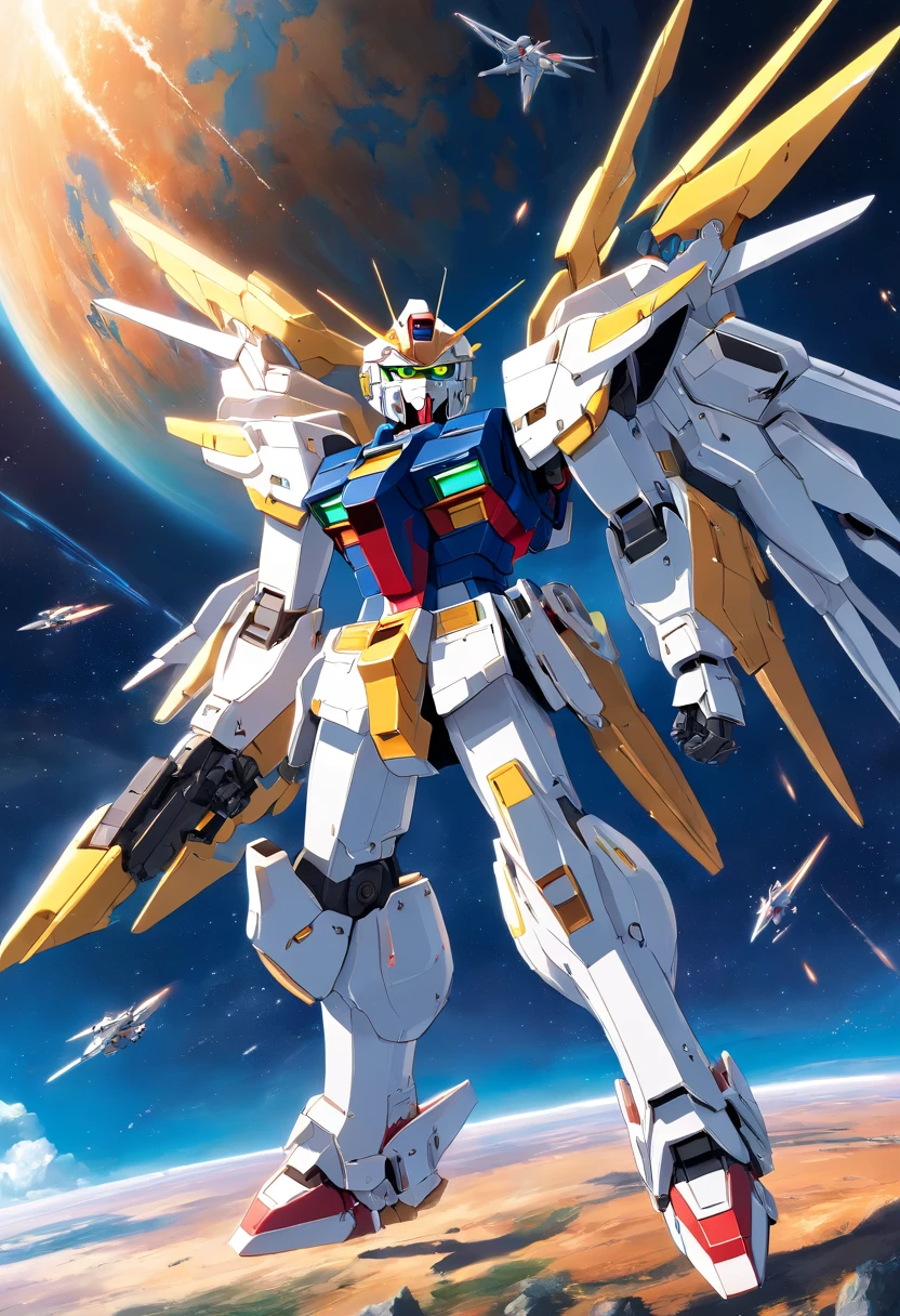 arafed image of a large robot flying over a planet, gundam, modern mecha anime, gundam wing style armor, extreme gundam, gundam robot, mobile suit, gunpla, battroid mode, on a gundam, official art, wallpaper!, sharp high quality anime, hd wallpaper, gundam style, super robot wars, high quality wallpaper, gundam is windmill shaped
