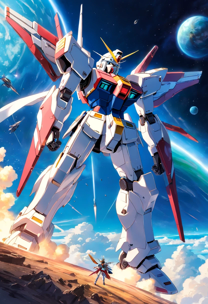 arafed image of a large robot flying over a planet, gundam, modern mecha anime, gundam wing style armor, extreme gundam, gundam robot, mobile suit, gunpla, battroid mode, on a gundam, official art, wallpaper!, sharp high quality anime, hd wallpaper, gundam style, super robot wars, high quality wallpaper, gundam is windmill shaped