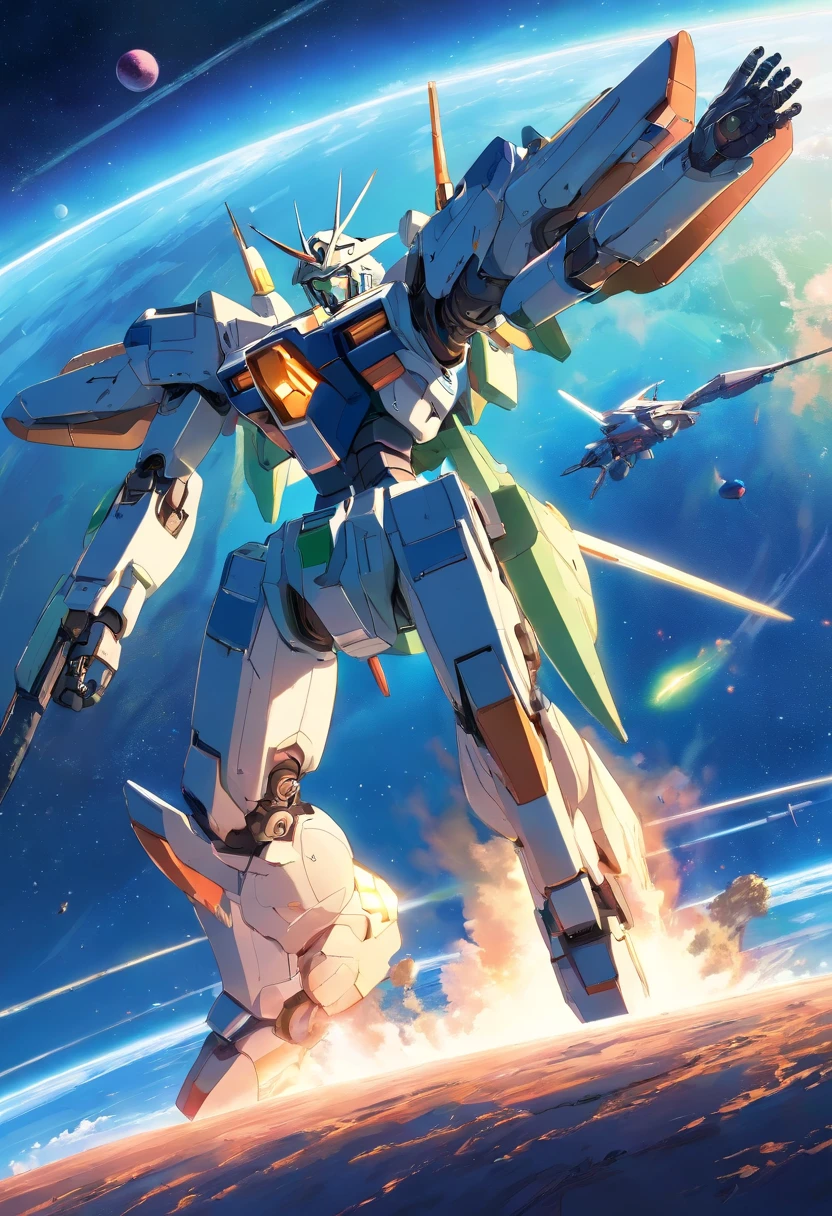 arafed image of a large robot flying over a planet, an illustration of by Niko Henrichon, pixiv contest winner, shin hanga, gundam, modern mecha anime, gundam wing style armor, extreme gundam, gundam robot, mobile suit, gunpla, battroid mode, on a gundam, official art, wallpaper!, sharp high quality anime