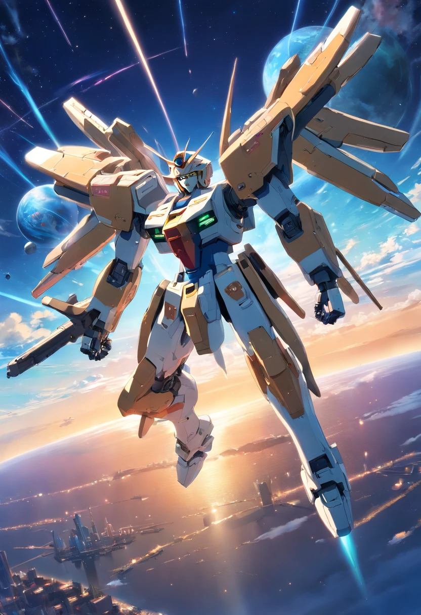 arafed image of a large robot flying over a planet, an illustration of by Niko Henrichon, pixiv contest winner, shin hanga, gundam, modern mecha anime, gundam wing style armor, extreme gundam, gundam robot, mobile suit, gunpla, battroid mode, on a gundam, official art, wallpaper!, sharp high quality anime
