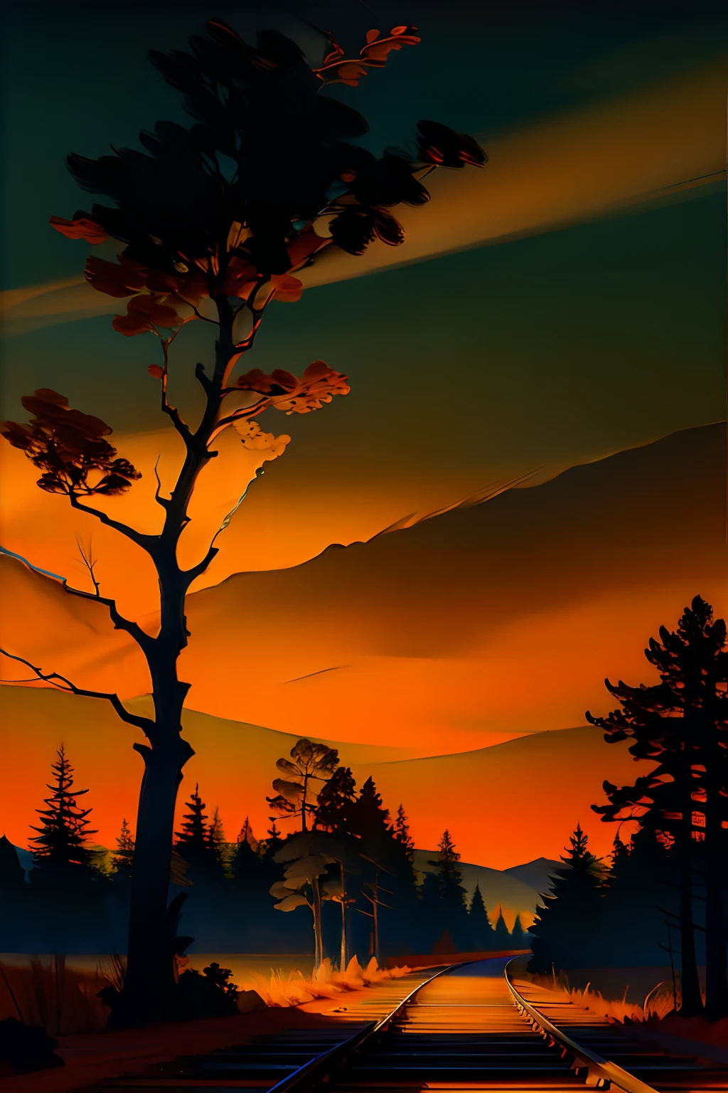 A painting of an autumn landscape, autumn trees and dead trees, dead leaves blowing, perspective view of train tracks, evening light, dark sky.