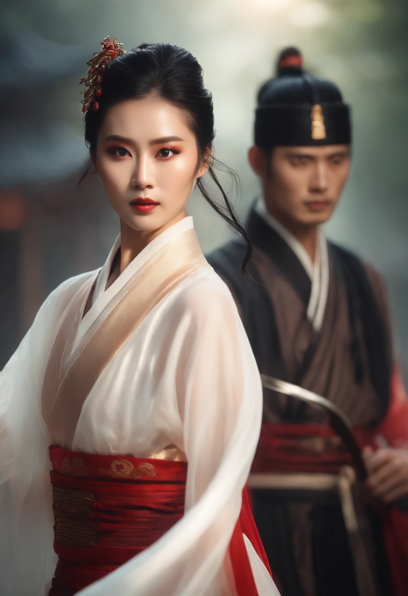 Tulle Hanfu man and Asian woman, Women against men, Black hair, short ponytail hair, Onyx-colored eyeballs, texture detail, Glowing skin, Sun, Spinning the feather sword, Motion blur background, Backlight, 8K, Super detail, Masterpiece, Best quality