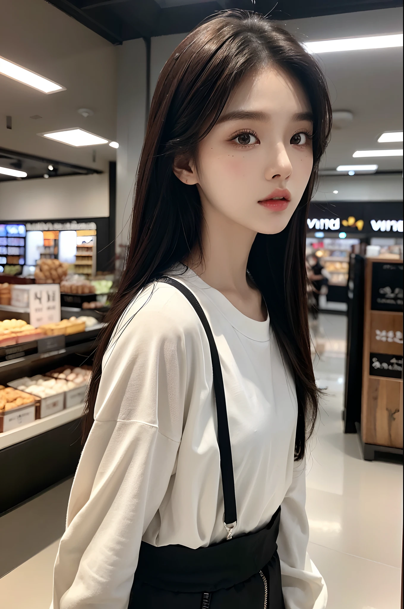 ​masterpiece、top-quality)、1 beutiful girl、Slim body、((Black and white plain clothes:1.1))、(Detailed beautiful eyes)、Walk around the store、((Boyish Brown Medium Hair))、((Smaller face))、((Neutral face))、((Face seen from the side))、((Light brown eyes))、((Korean Girl))、((18year old))、((cool lady))、((Wild look))、((Korean Makeup))、((elongated and sharp eyes))、((Happy dating))、((looking distantly))、((boyish))、((Shot from the same height as your face))、((Shorter than viewer))、((She is running ahead of the viewer))、((Engage your audience))