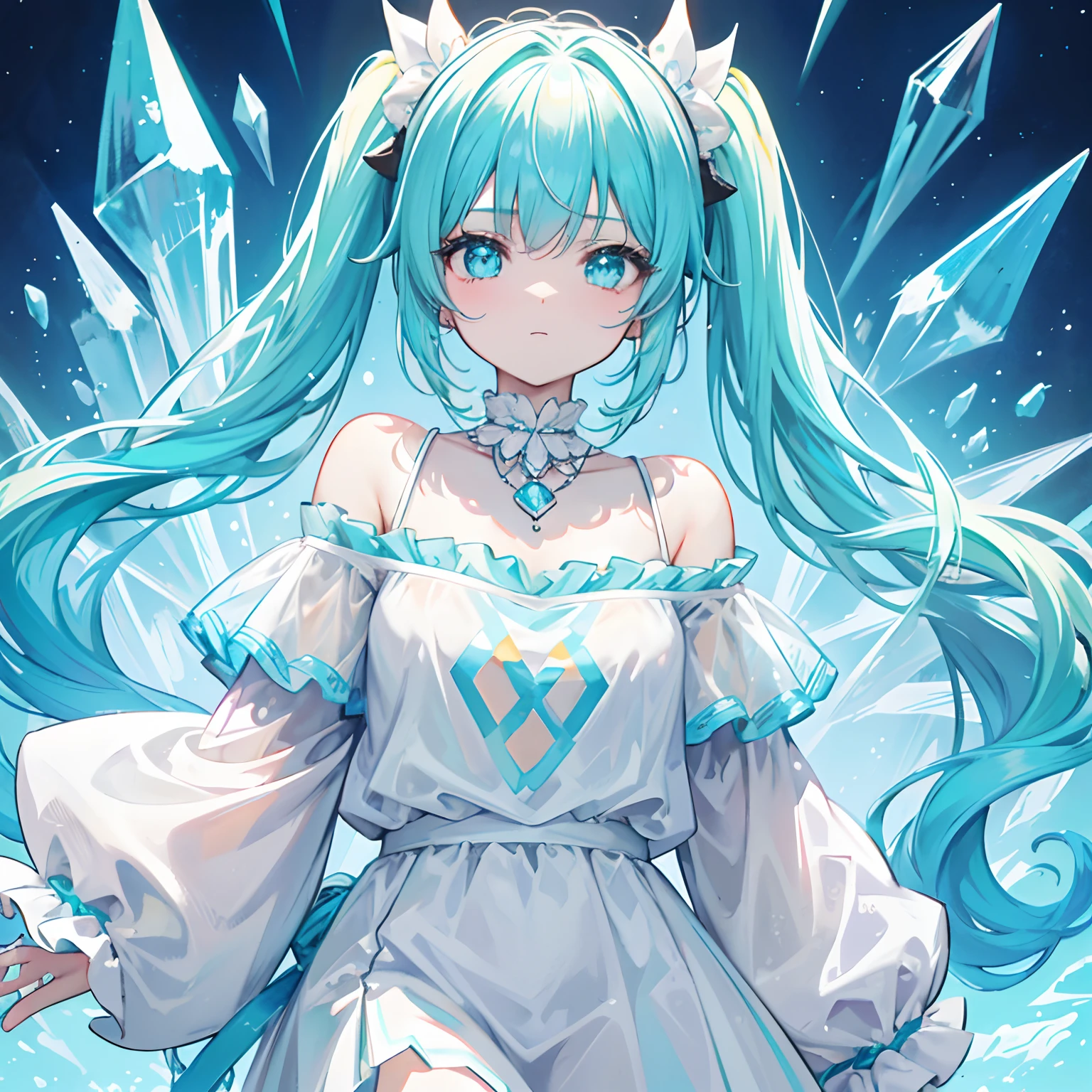 With pigtails,A shiny, moist and crystal clear face,It has a cute feeling,Light cyan and light yellow color scheme,Wear an off-the-shoulder T-shirt in a simple and pure color,Around his neck is a crystal clear silver necklace