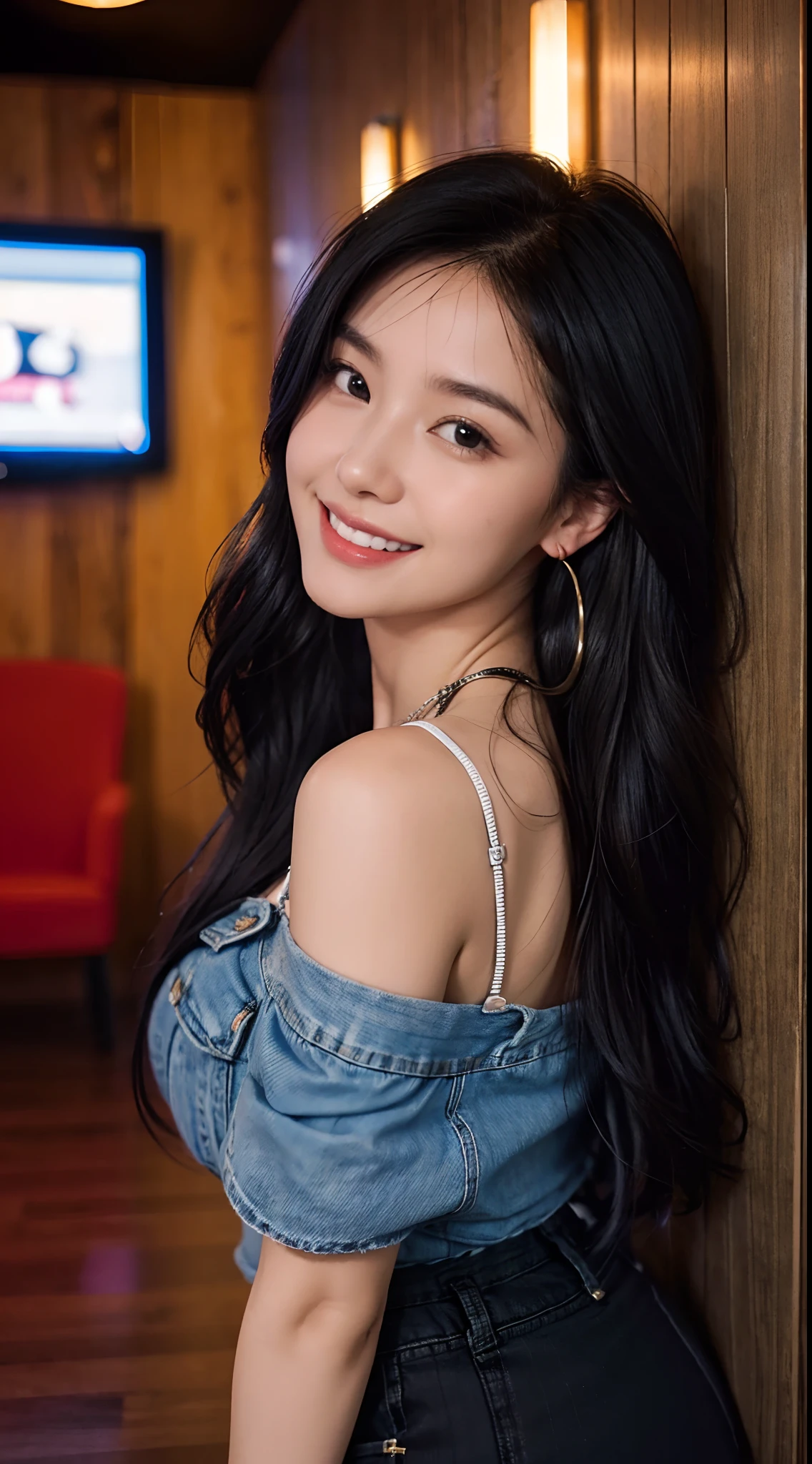a close up on a face, smile, 1girl, looking at viewer, black hair, long hair, denim skirt, halter shoulder,
medium breast, standing, hoop earrings, karaoke room entrance