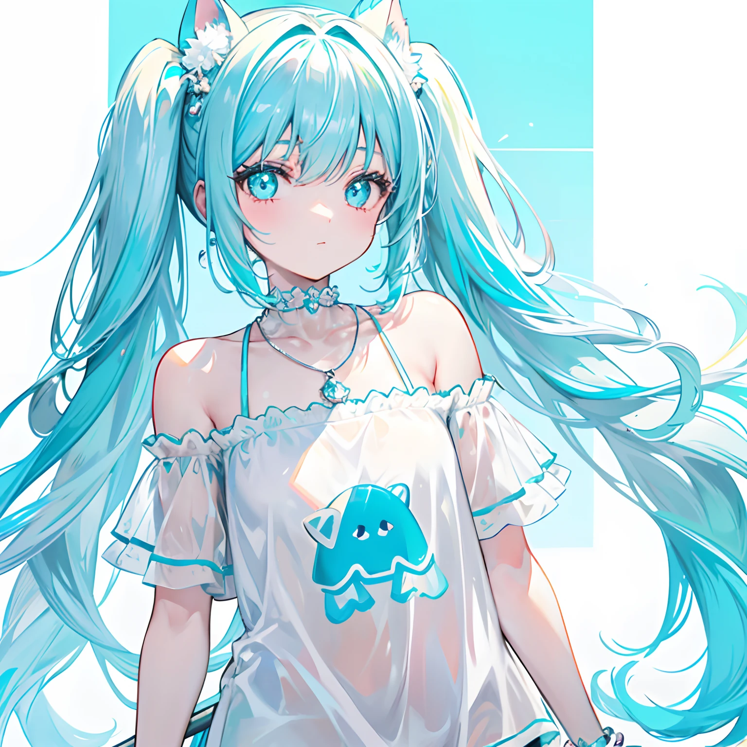 With pigtails，A shiny, moist and crystal clear face，It has a cute feeling，Light cyan and light yellow color scheme，Wear an off-the-shoulder T-shirt in a simple and pure color，Around his neck is a crystal clear silver necklace