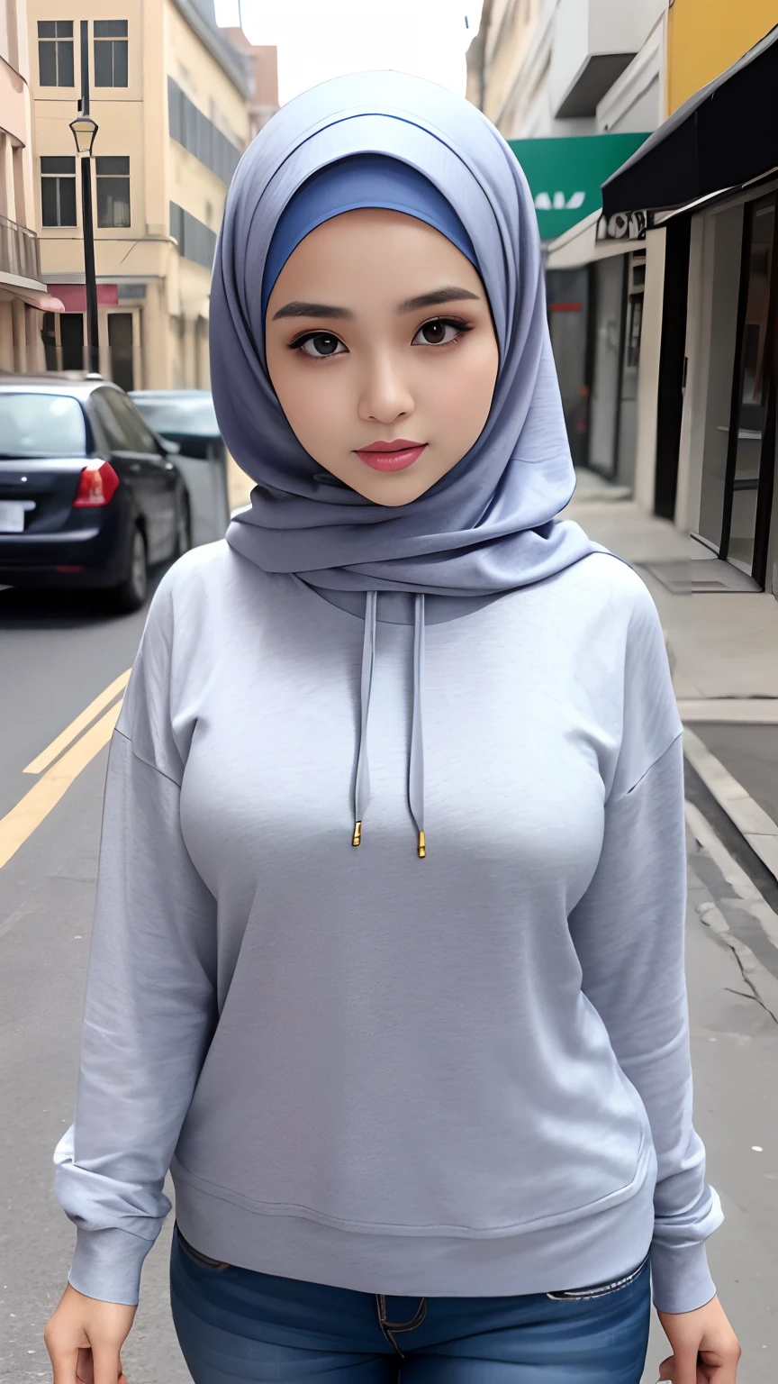 (Best quality, high resolution, masterpiece: 1.3), a beautiful malay woman in hijab, big breasts, slim figure, sweatshirt, beautifully presented details in the street and facial and skin texture, detailed eyes, double eyelids, big eyeschest visible, shirt open