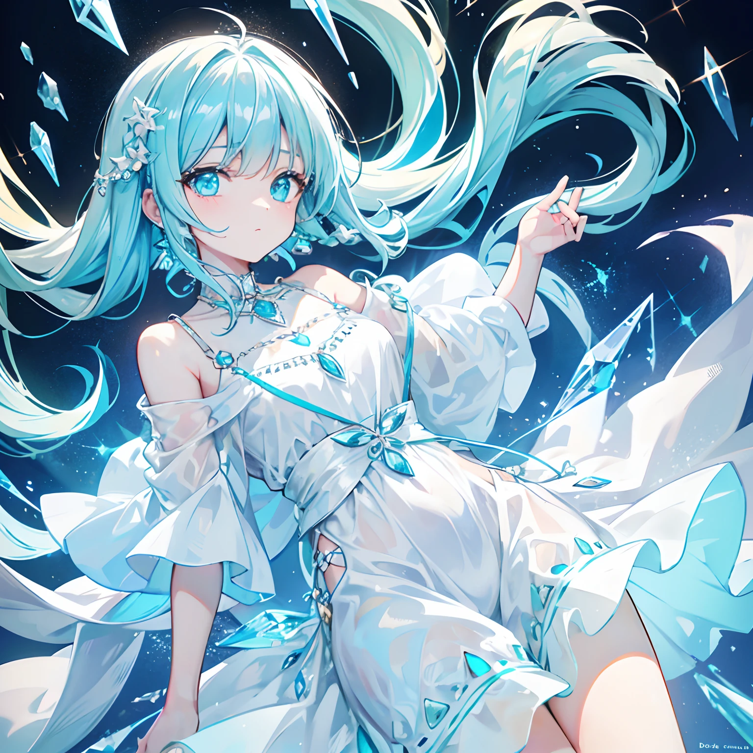 With braids，A shiny one, Moist and crystal clear face，It has a lovely feel，Light cyan and light yellow color scheme，Wear an off-the-shoulder T-shirt in a simple solid color，Around his neck hangs a crystal clear silver necklace