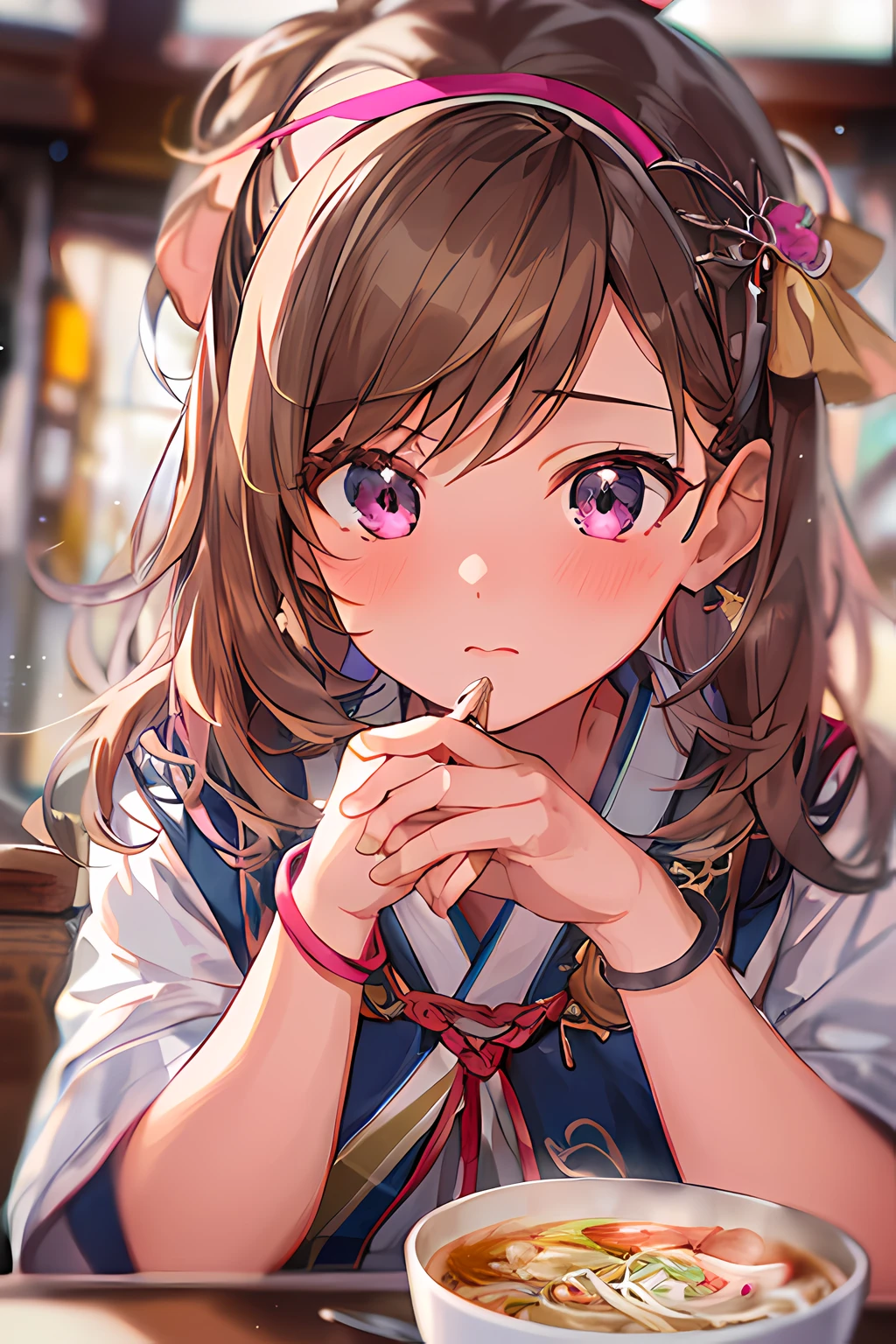 1 girl, , light brown hair, streaked hair, hair between eyes, hair over shoulder, pink hairband, expressionless, wearing a japanese uniform, sitting in a cafe eating ramen, ray tracing, depth of field, professional lighting, inspired by  Mandy Jurgens vivid, extremely detailed, ornate, 8k, ultra quality, pixiv