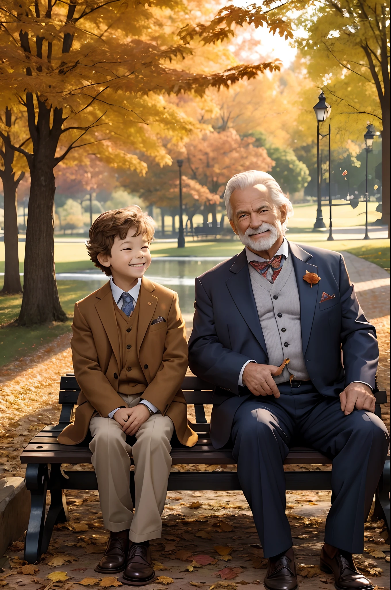 The prompt for this theme could be:
"A muscular old man sitting on a bench in the park with a happy  boy, both wearing suits, enjoying the autumn scenery. [detailed bench], [vibrant fall colors], [crispy fallen leaves], [warm sunlight], [gentle breeze], [smiling faces], [rippling pond], [playful squirrels], [golden hour], [beautiful foliage]. (best quality, highres), (realistic:1.37), (portraits), (autumn hues), (soft lighting)."