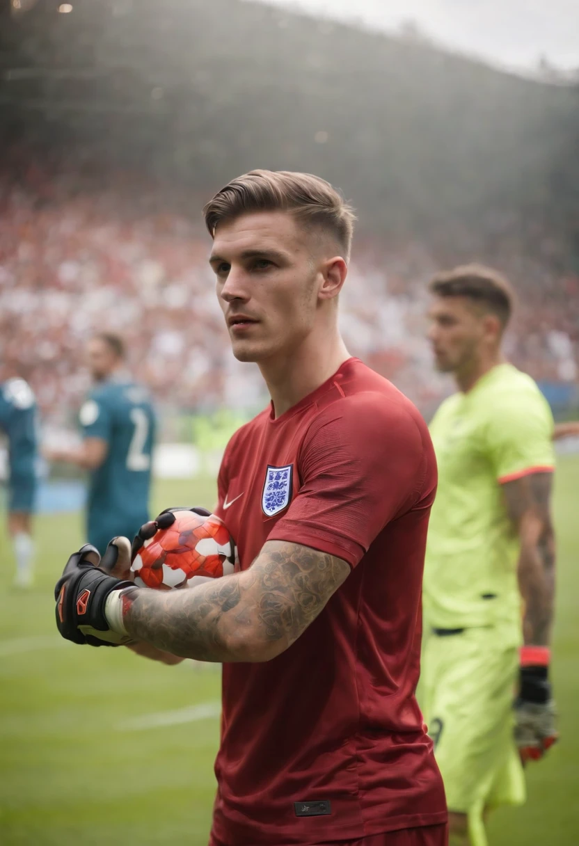 Man Soccer Player England Goalkeeper, England shirt, 20 year old man, arm tattoos, Jay Tyler