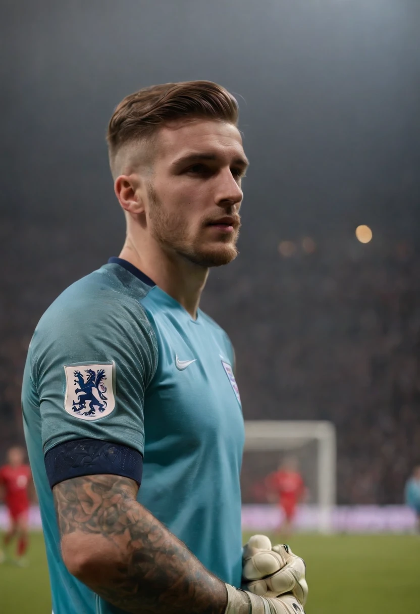 Man Soccer Player England Goalkeeper, England shirt, 20 year old man, arm tattoos, Jay Tyler