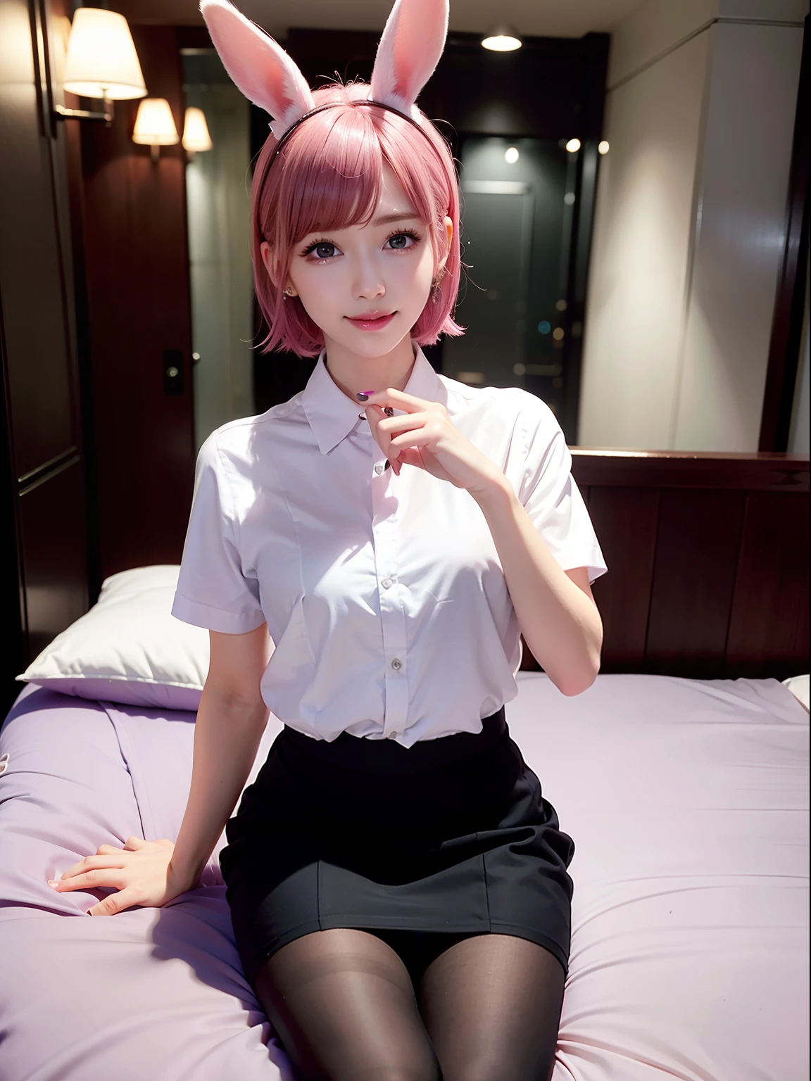 Pink short cut hair,(8K, top-quality, masterpiece:1.2), (realisitic, Photorealsitic:1.37), ultra-detailliert, 1 girl in, full body Esbian, Hotel Rooms, (Adjusted hair:1.5) Officelady, Black Office Blazer, Office Skirt, (panthyhose: 1.2)、(Short button-down shirt:1.2)、Button Up Color Prim、Button Down Color Prim、bura、(panthyhose:1.2)、Alpha Layer、high-heels、earring beautiful、cute little、独奏、Beautiful detailed sky、(A smile:1.15)、(Mouth closed)、tiny chest、Eyes in Beautiful Details、Business attire、(short-hair:1.2)、Floating Hair NovaFrogStyle、Hotel Bed、masuter piece、Pink Shortcut Bob、Realistic rabbit ears、Pink realistic rabbit ears、Realistic ears of rabbits sticking out of the head、Pink hair、Beautiful girl in her 20s、Bewitching atmosphere、Beautiful shaped hands、K-POP、Pink rabbit ears、1 girl in、独奏、masterpiece、top-quality、realisitic、Hyper-detailing、(Glossy skin:1.4)、absurderes、short pink hair、Slender beauties、动态照明、hight resolution、foco nítido、depth of fields、(thick thight:1.0)、A slender :1.2,((Short-cut bob hair))、((k pop:1.3)),Highly detailed facial and skin texture、((魅惑的)),Anatomically correct number of fingers,Correct anatomy