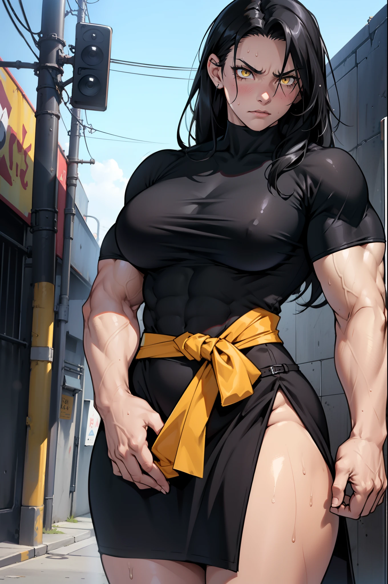 black hair, yellow eyes, solo, sweaty, shiny skin, angry, pale skin, ((((((muscular, 1girl)))))), curvy, thin waist, very long hair, sweaty, perky breasts, loose black dress