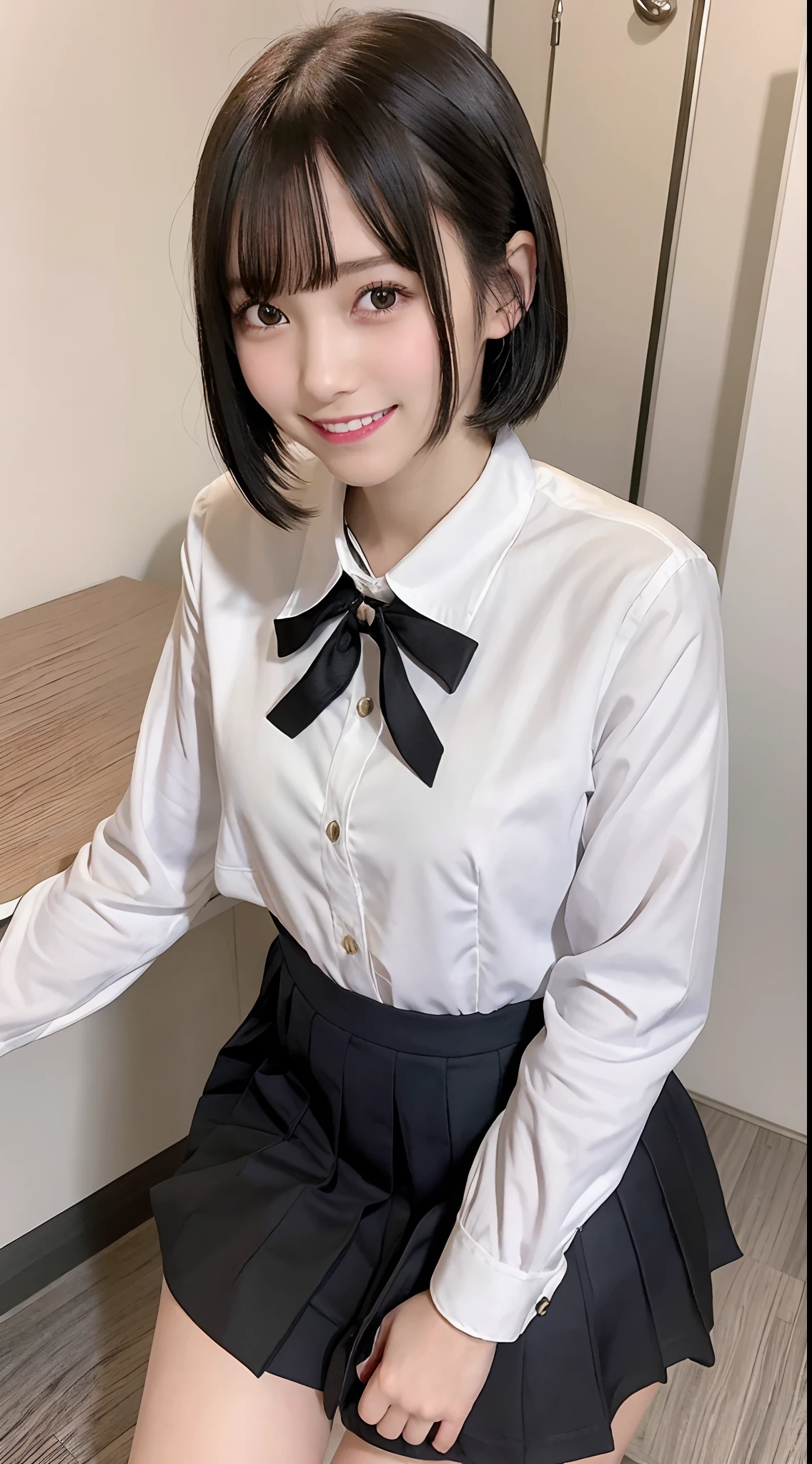 masutepiece, Best Quality, 1girl in,18year old, Black Short Media Hair, (Smile:1.2), Looking at Viewer, School uniform,,{{crass room}} {{lip}}
