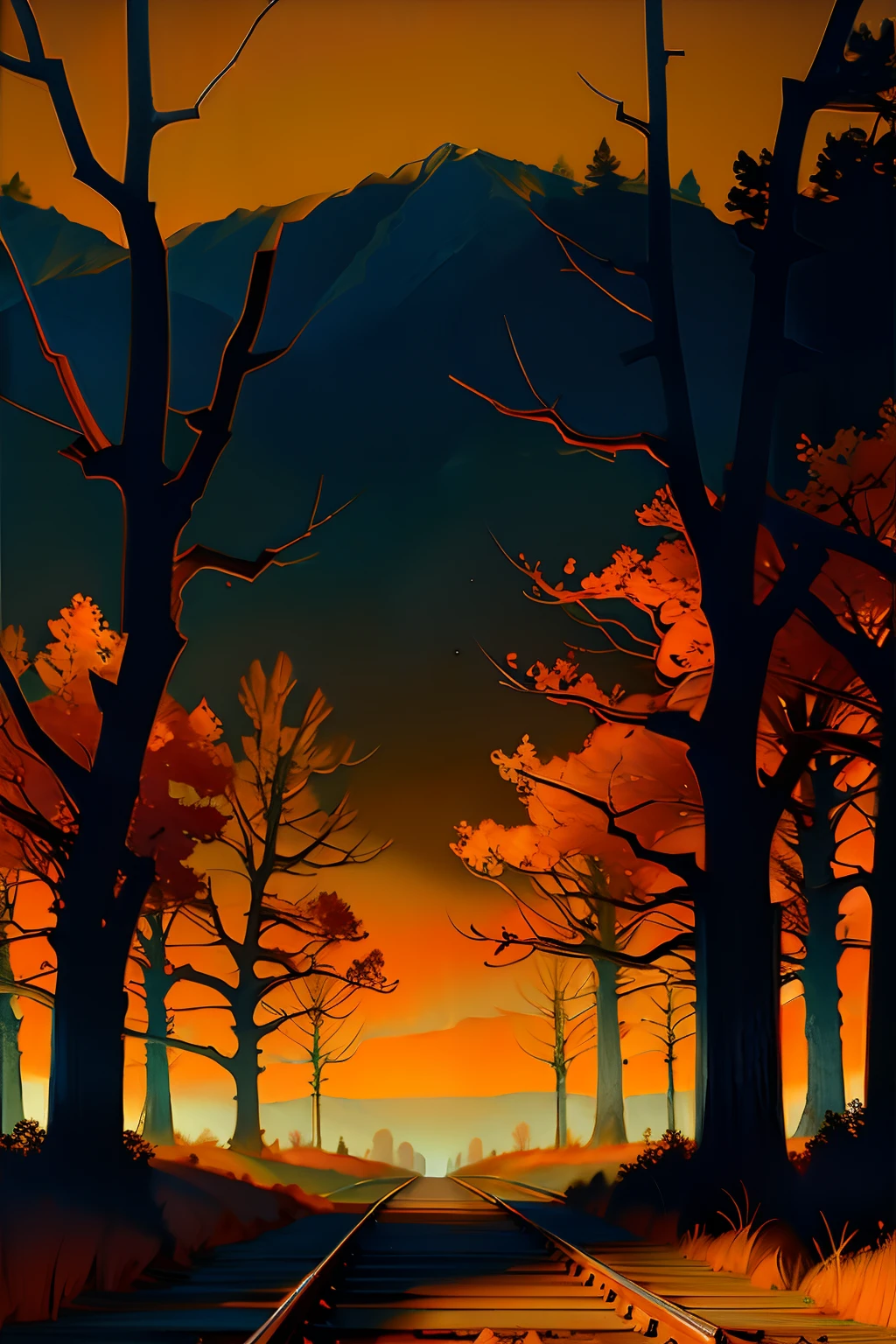 A painting of an autumn landscape, autumn trees and dead trees, dead leaves blowing, perspective view of train tracks, evening light, dark sky.