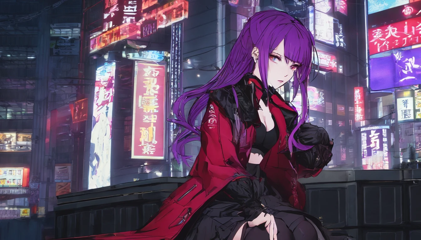 japanaese girl,pale skin,beatiful face(purple hair)red jacket,Tokyo at night, with Cyberpunk style,Japanese streetwear,Tokyo Fashion,In a Cyberpunk 2 jacket 0 7 7,Full-length,attractive pose,Bottom view