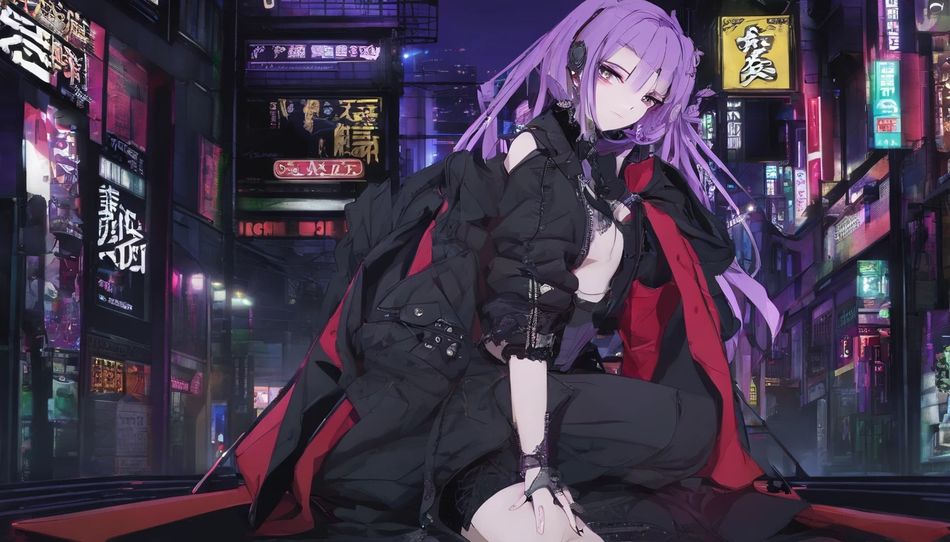 japanaese girl,pale skin,beatiful face(purple hair)red jacket,Tokyo at night, with Cyberpunk style,Japanese streetwear,Tokyo Fashion,In a Cyberpunk 2 jacket 0 7 7,Full-length,attractive pose,Bottom view